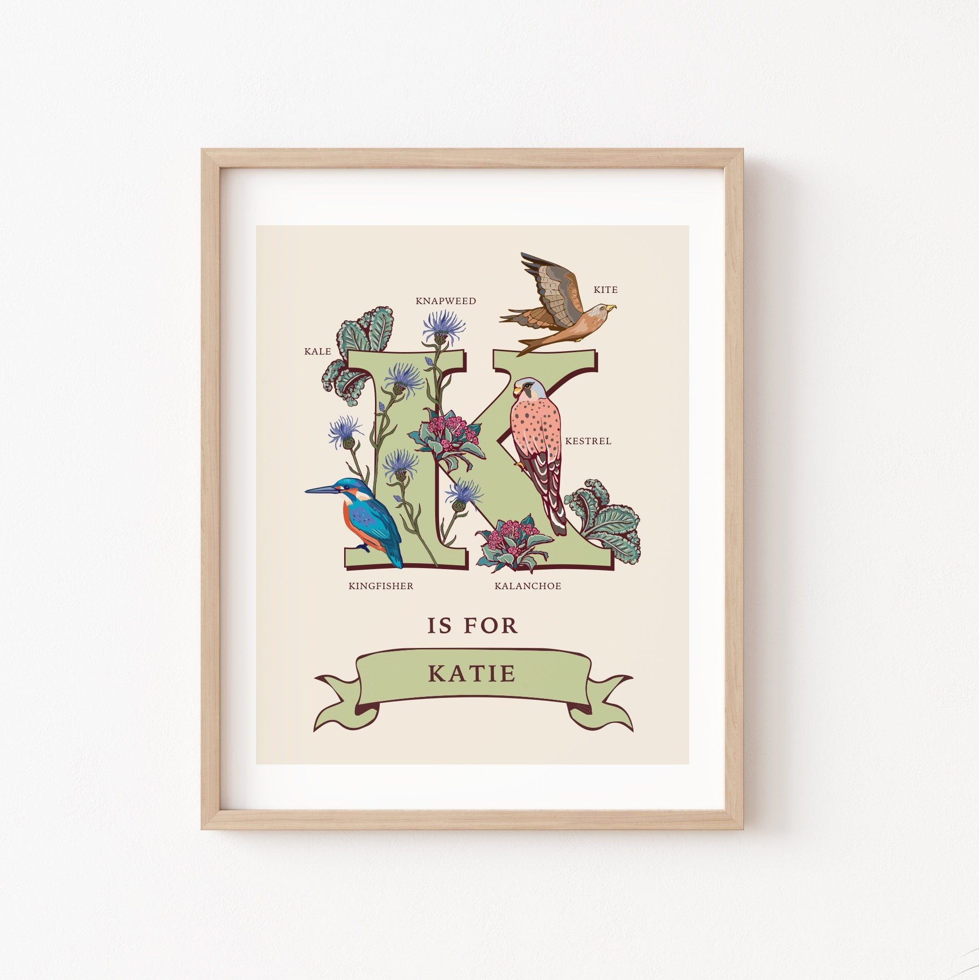 K - Personalised Letter K Print, Initial K Wall Art, Nature Guide Monogram Illustration