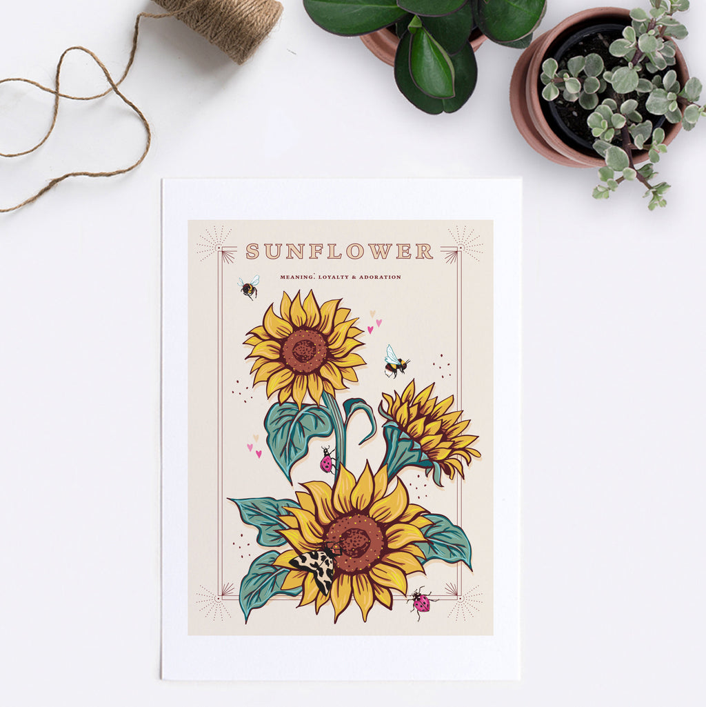 Sunflower Wall Art Print, Loyalty and Adoration Flower Illustration Print