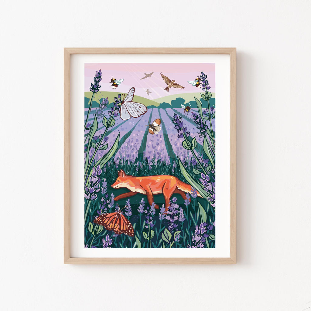 Fox in a Lavender Field Hand-Drawn Wall Art Print