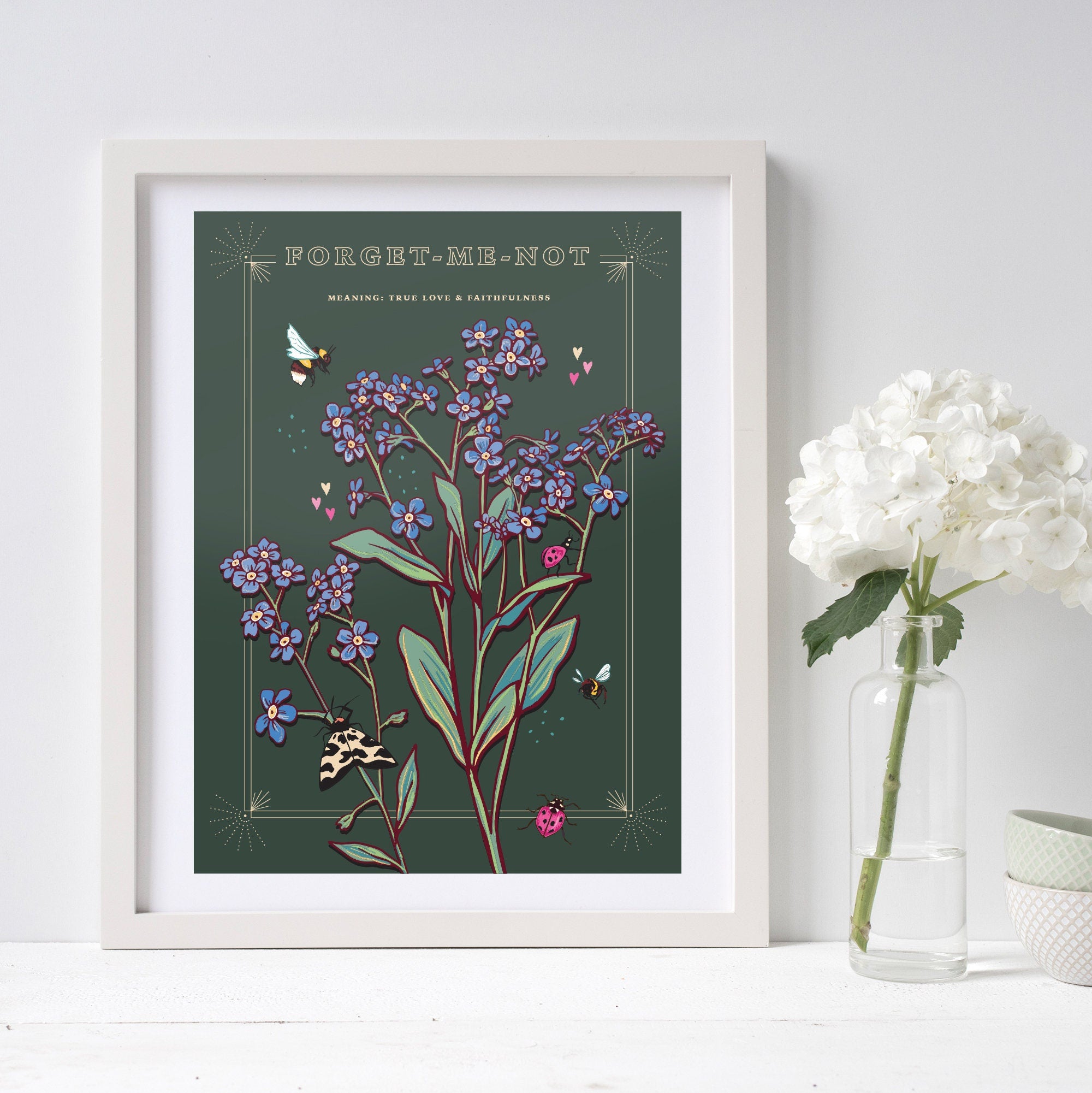 Forget Me Not Wall Art Print, True Love Flower Illustration Print