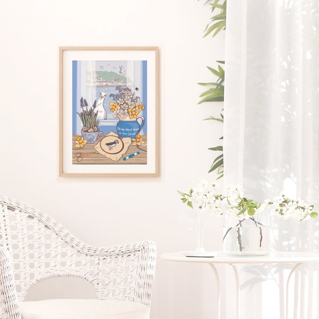 Devon Blue Jug Spring Flowers Wall Art Print, Coastal Seagull Illustration