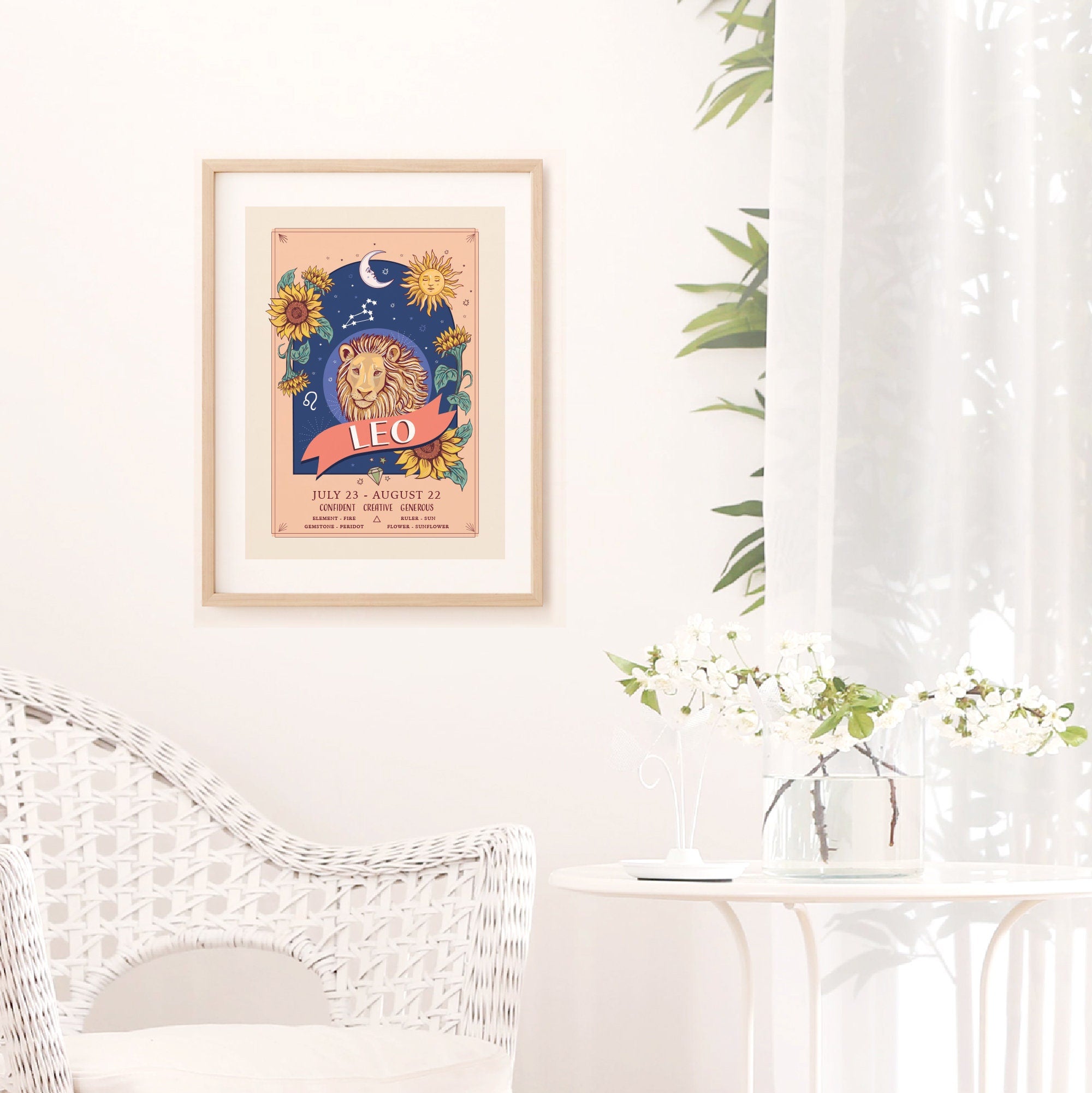 Leo Wall Art Print, Zodiac Sign and Flowers Illustration Print