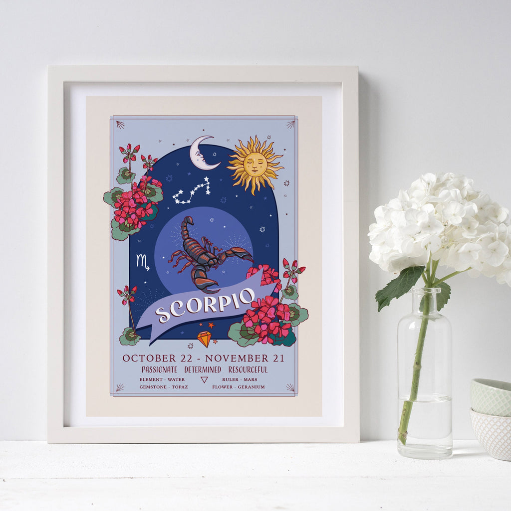Scorpio Wall Art Print, Zodiac Sign and Flowers Illustration Print