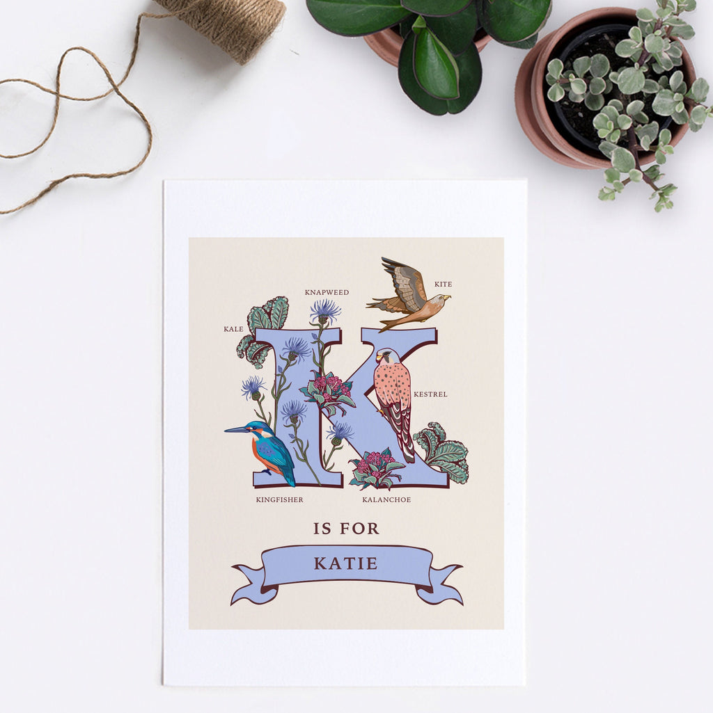 K - Personalised Letter K Print, Initial K Wall Art, Nature Guide Monogram Illustration