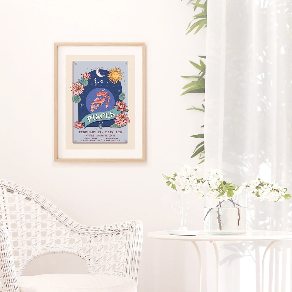 Pisces Wall Art Print, Zodiac Sign and Flowers Illustration Print