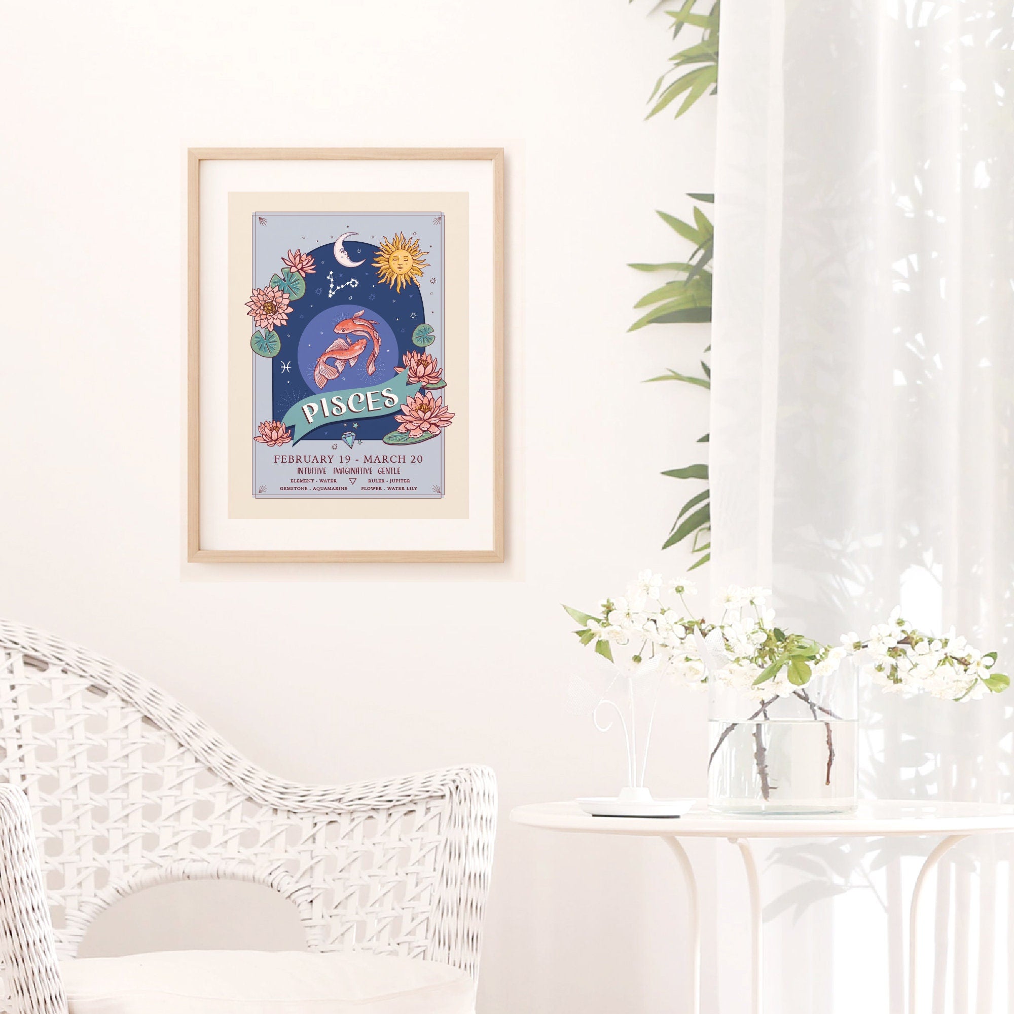 Pisces Wall Art Print, Zodiac Sign and Flowers Illustration Print
