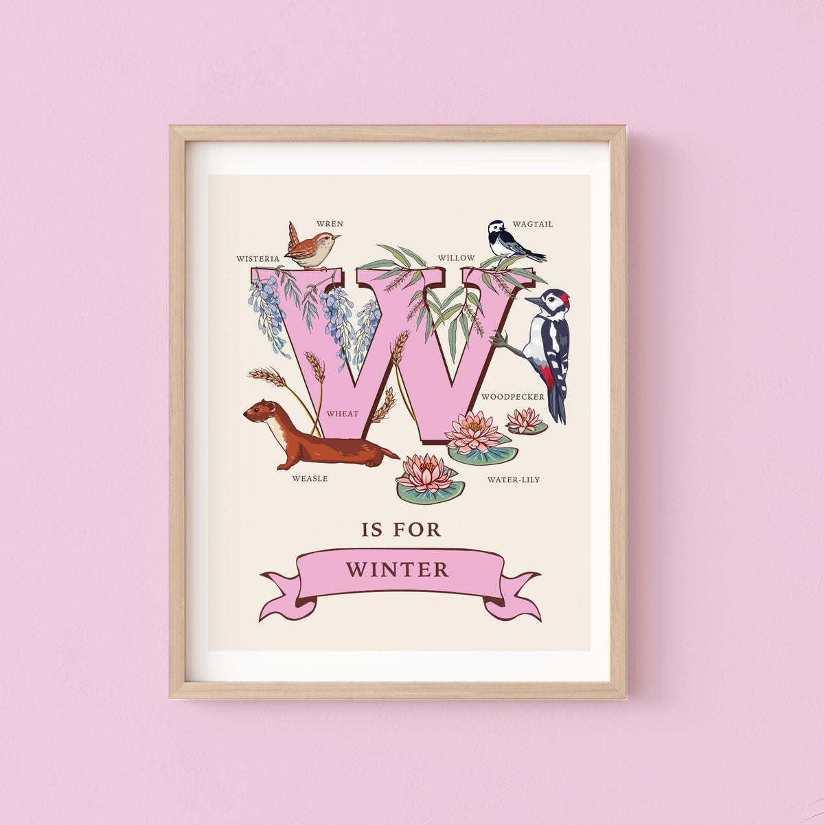 W - Personalised Letter W Print, Initial W Wall Art, Nature Guide Monogram Illustration