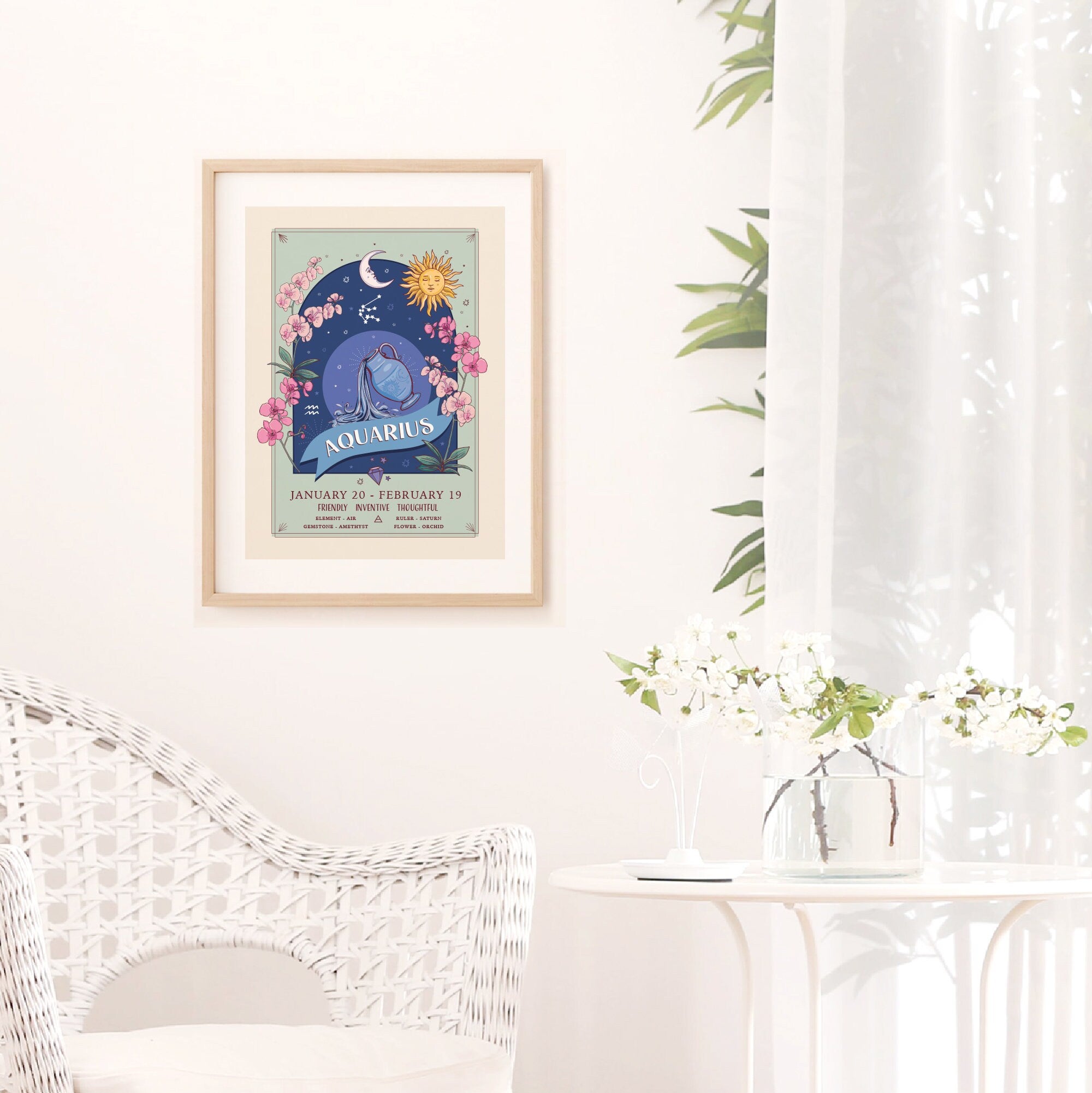 Aquarius Wall Art Print, Zodiac Sign and Flowers Illustration Print