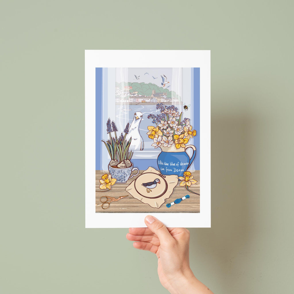 Devon Blue Jug Spring Flowers Wall Art Print, Coastal Seagull Illustration