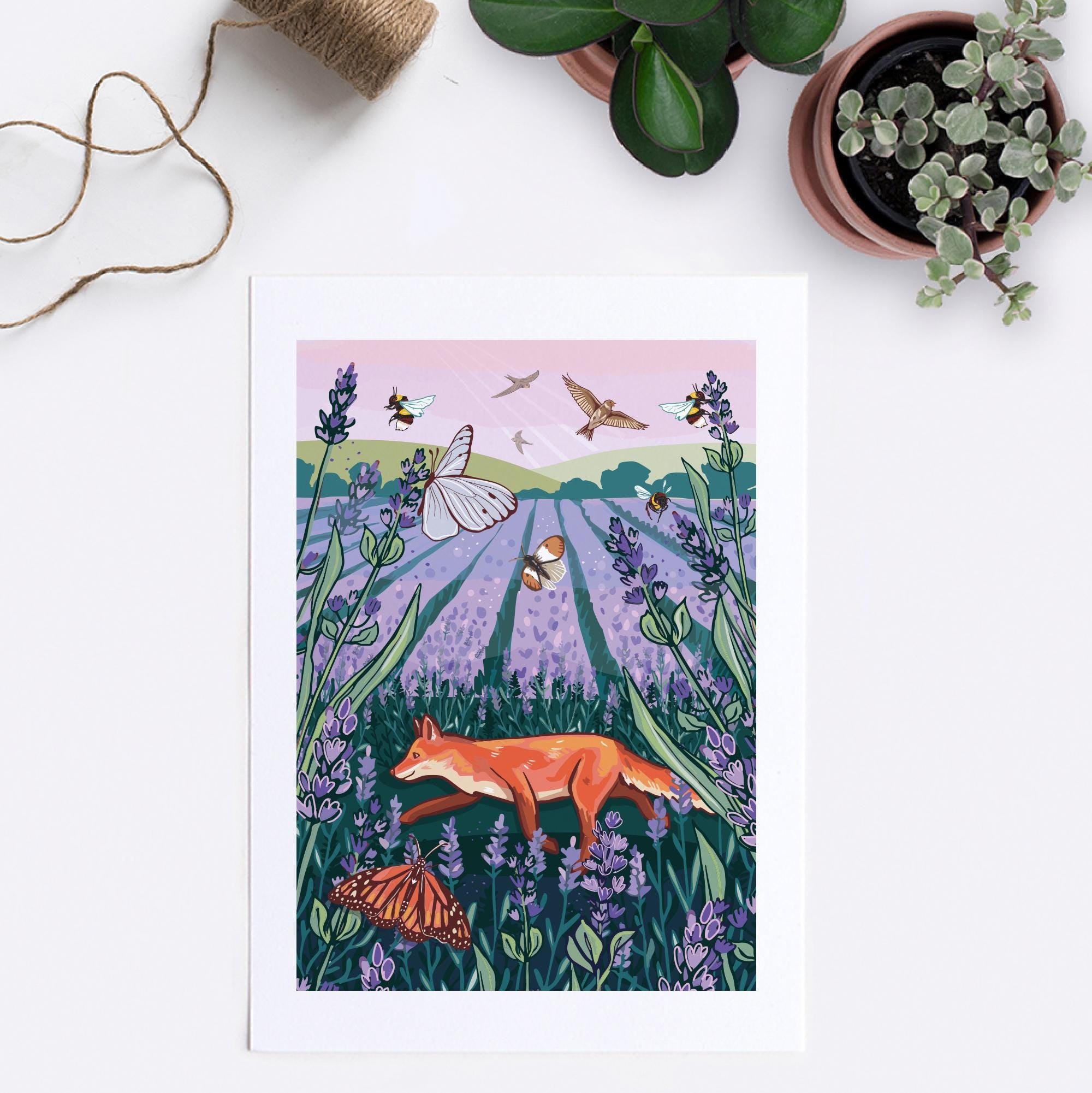 Fox in a Lavender Field Hand-Drawn Wall Art Print