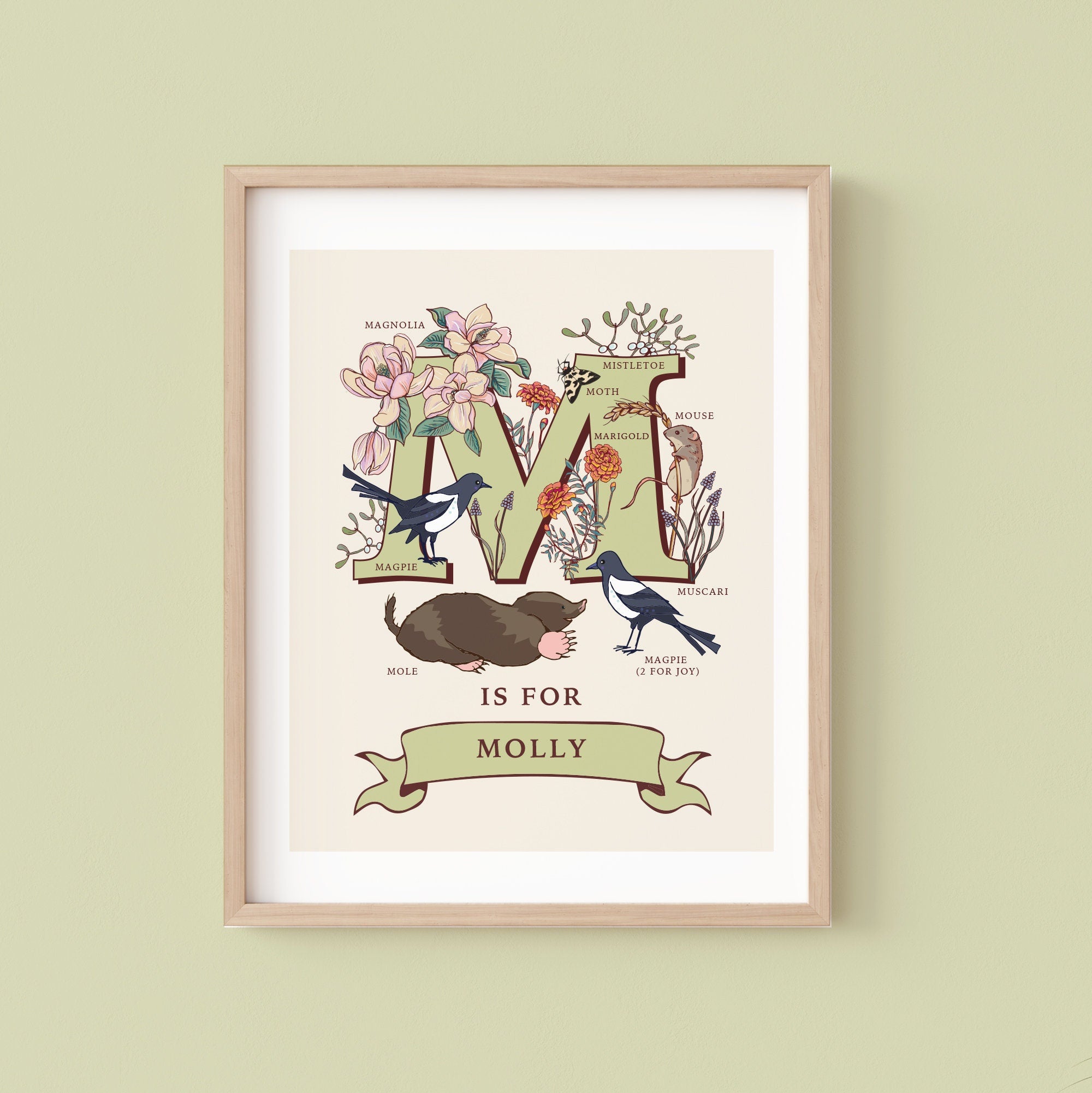 M - Personalised Letter M Print, Initial M Wall Art, Nature Guide Monogram Illustration