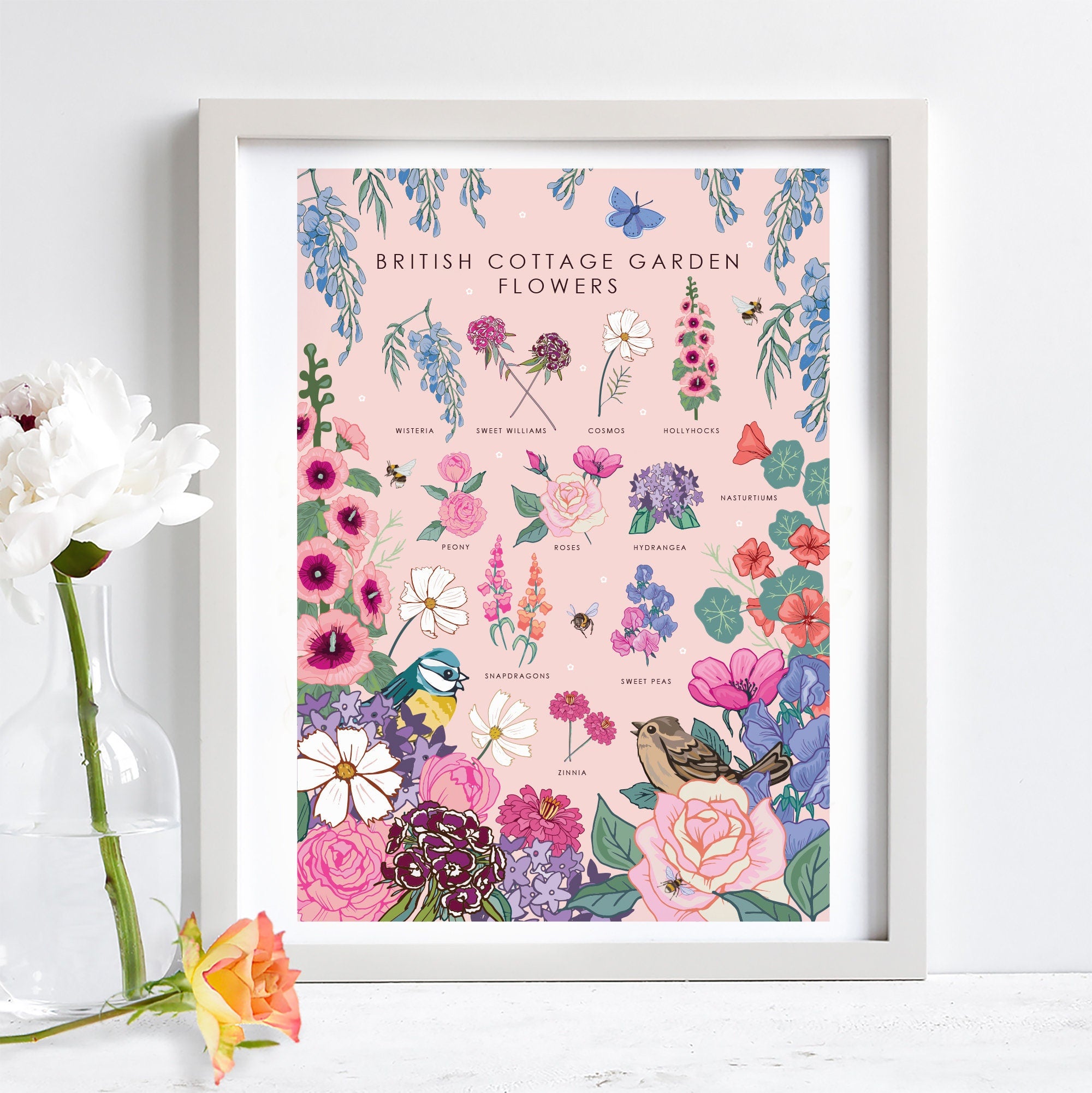 British Cottage Garden Flowers Nature Guide Wall Art Print