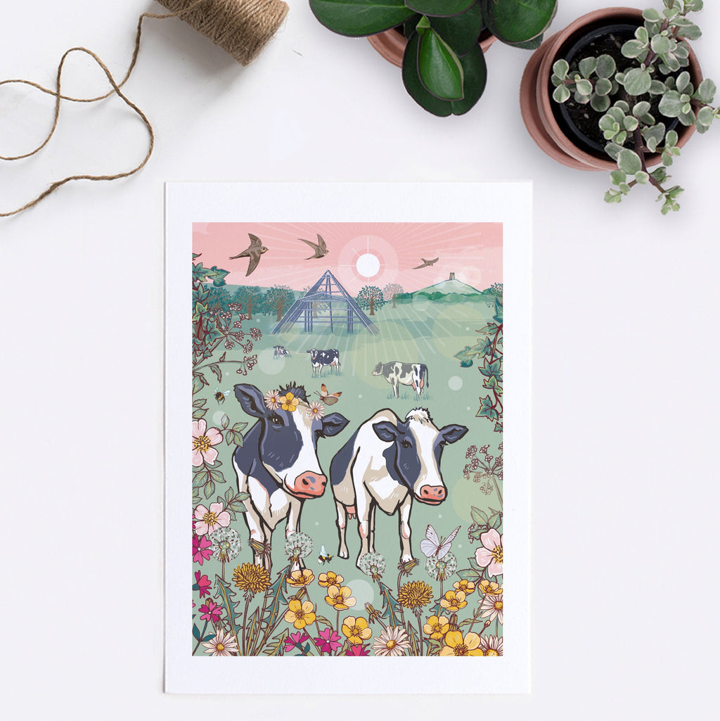 Glastonbury Cows Wall Art Print, Moo-Sic Festival Illustration Print