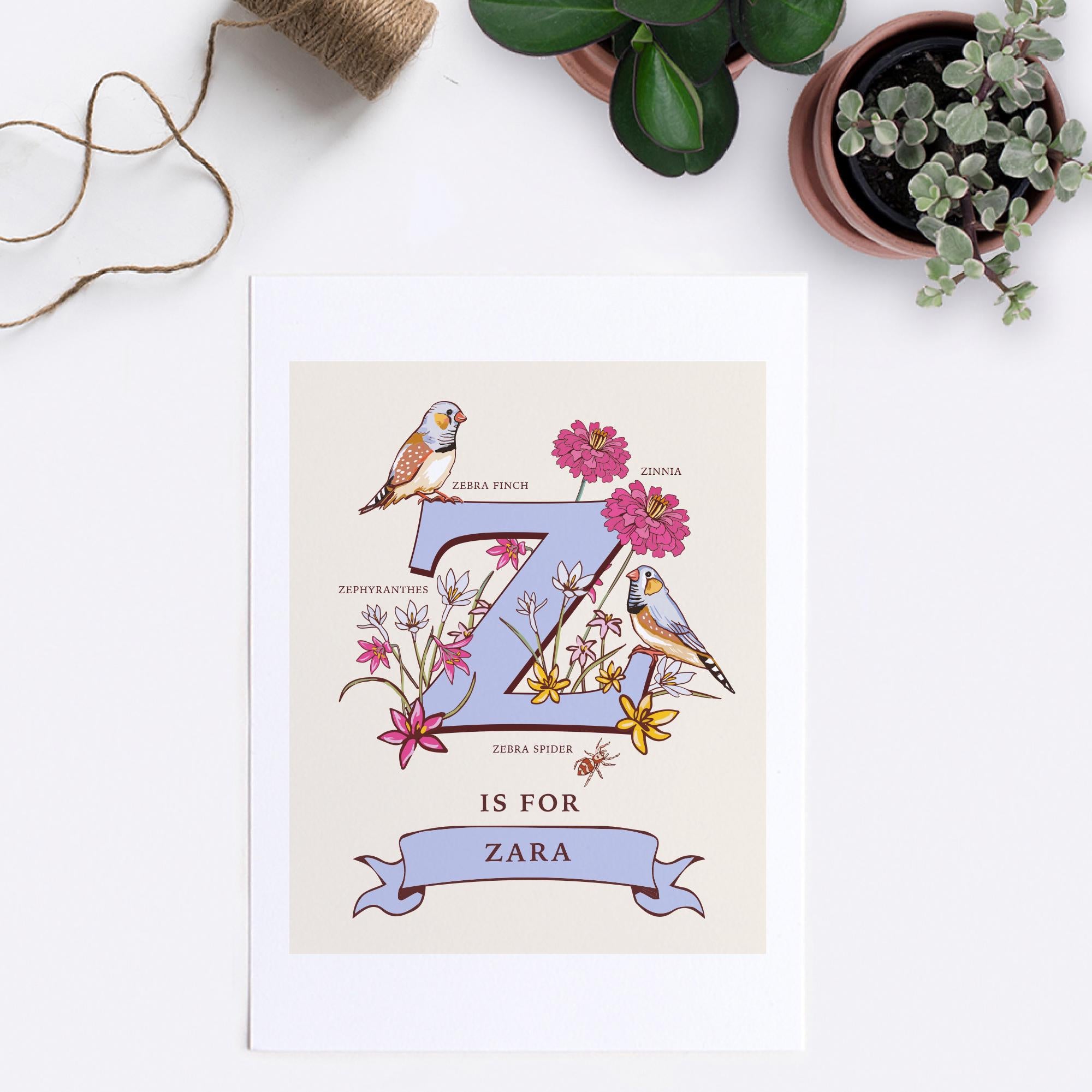 Z - Personalised Letter Z Print, Initial Z Wall Art, Nature Guide Monogram Illustration