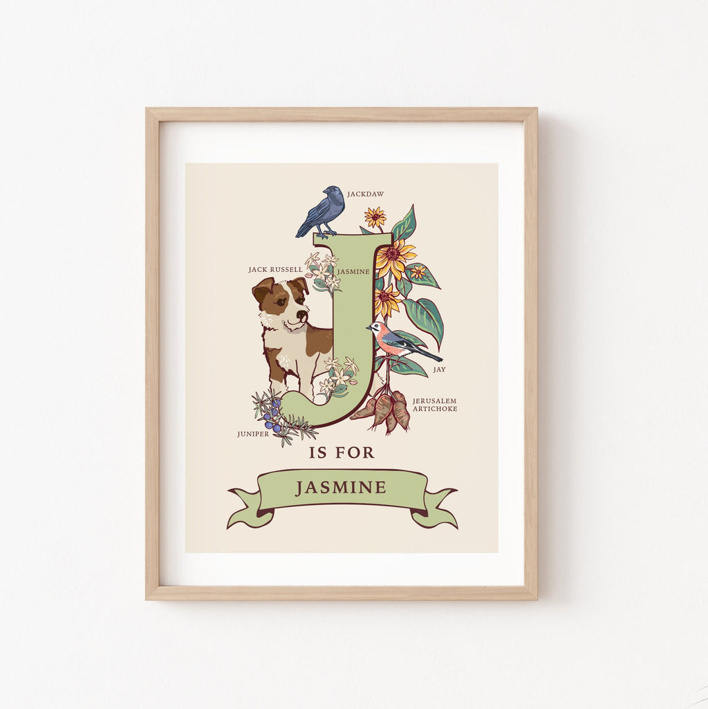 J - Personalised Letter J Print, Initial J Wall Art, Nature Guide Monogram Illustration