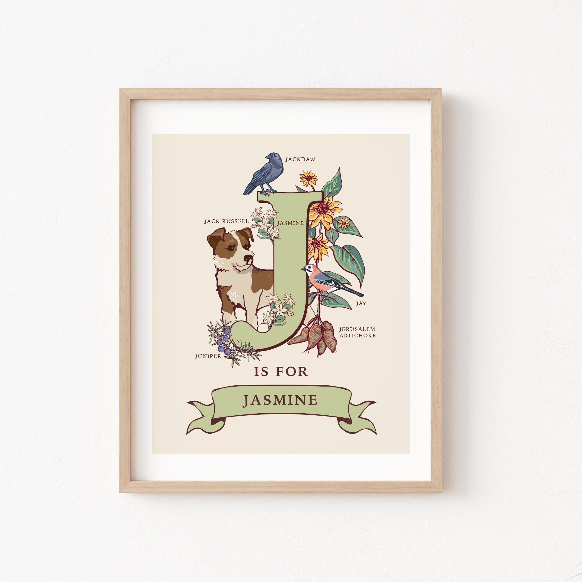 J - Personalised Letter J Print, Initial J Wall Art, Nature Guide Monogram Illustration