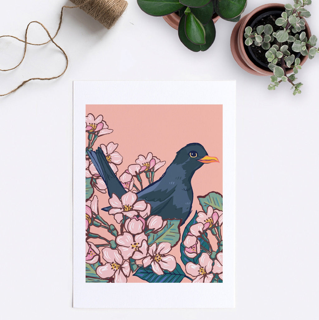 Blackbird in the Cherry Blossom Wall Art Print