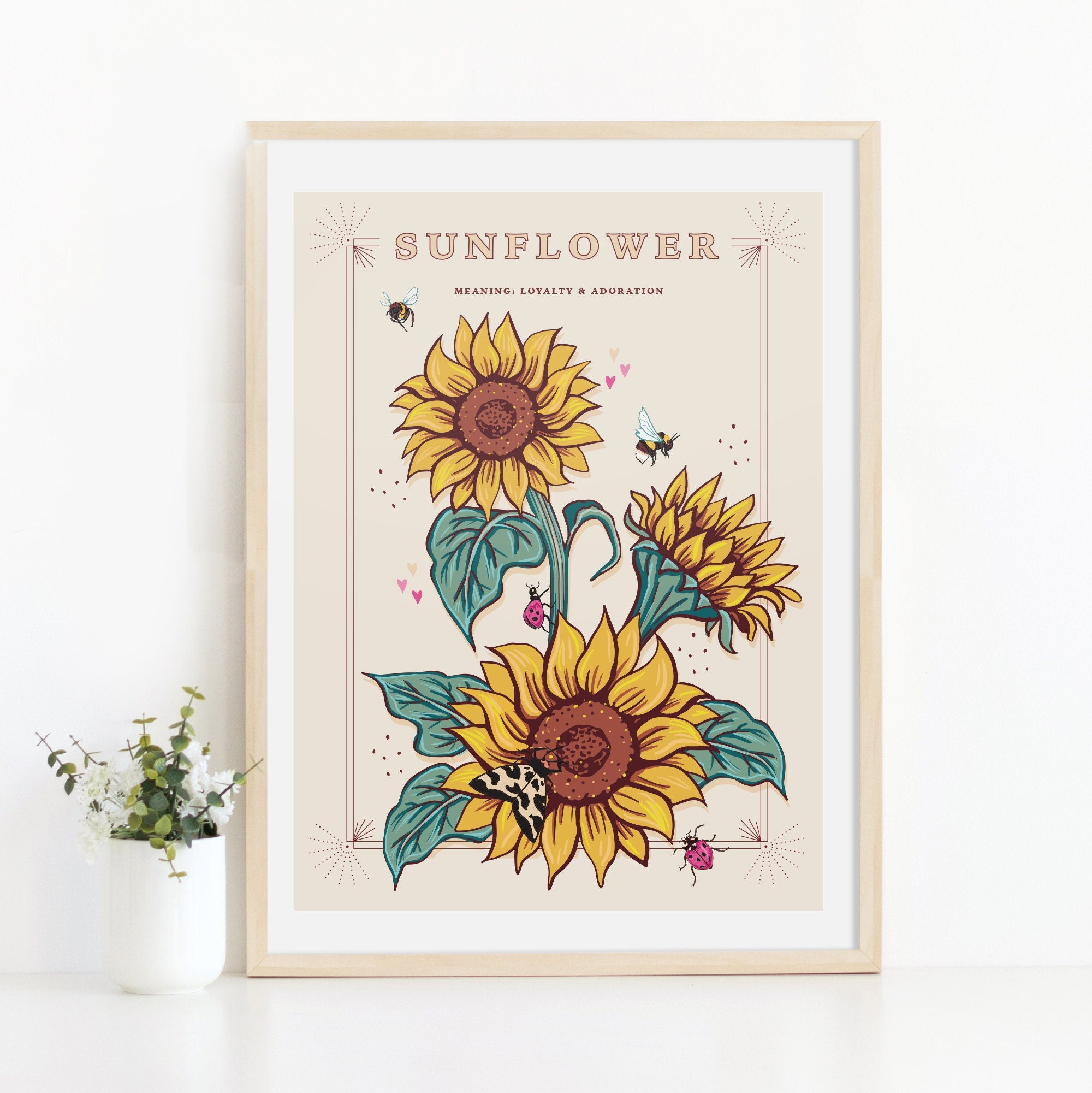 Sunflower Wall Art Print, Loyalty and Adoration Flower Illustration Print
