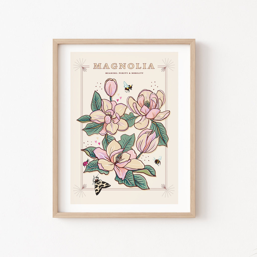Magnolia Wall Art Print, Meaning of Flowers Illustration Print