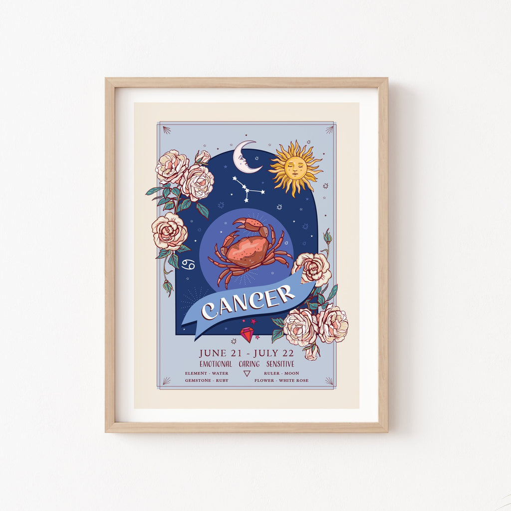 Cancer Wall Art Print, Zodiac Sign and Flowers Illustration Print