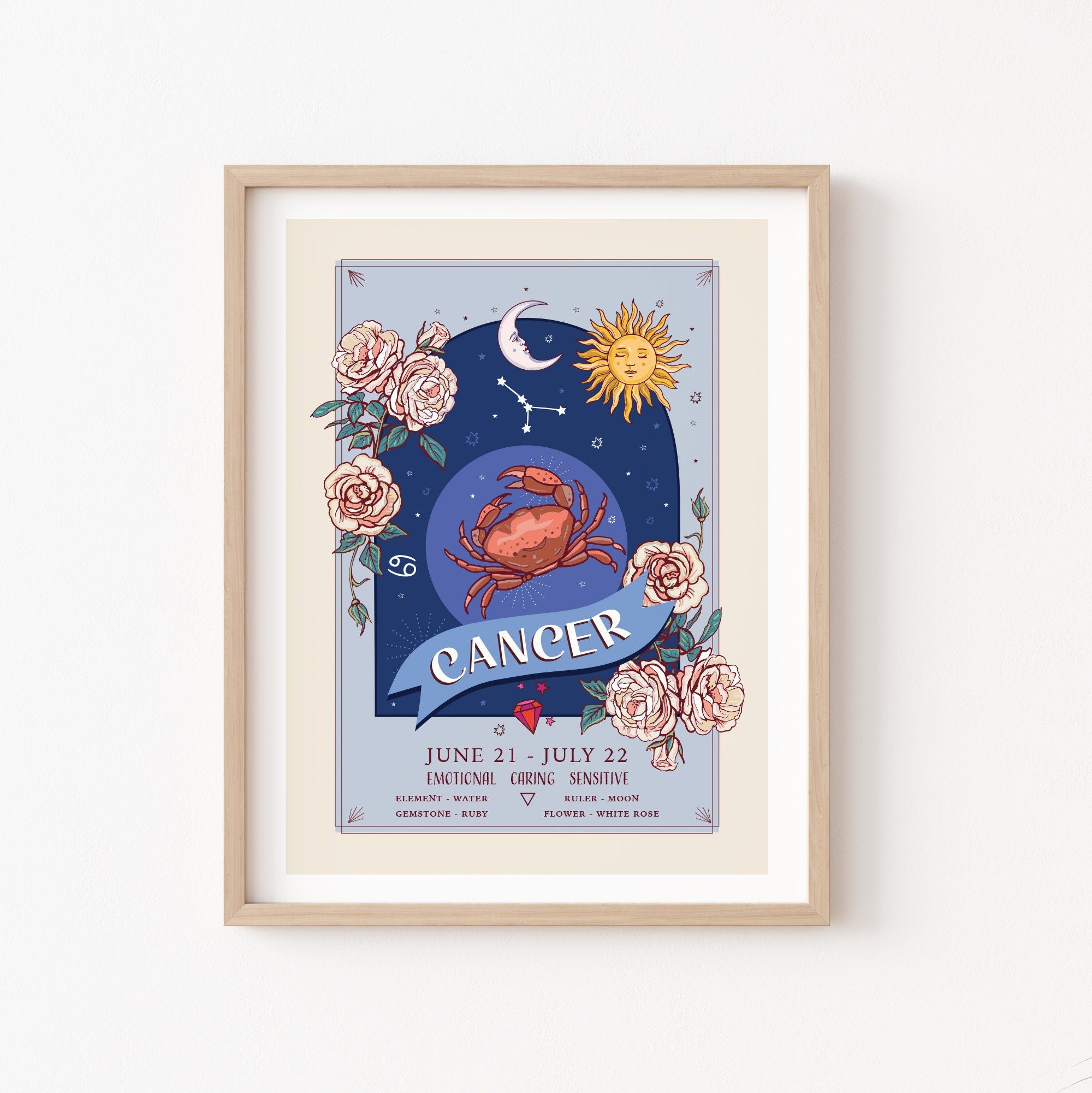 Cancer Wall Art Print, Zodiac Sign and Flowers Illustration Print