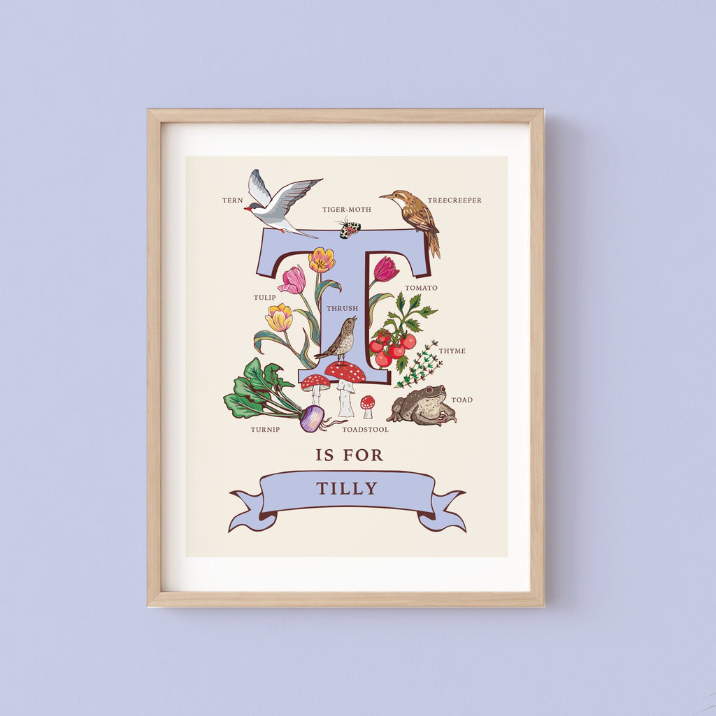 T - Personalised Letter T Print, Initial T Wall Art, Nature Guide Monogram Illustration