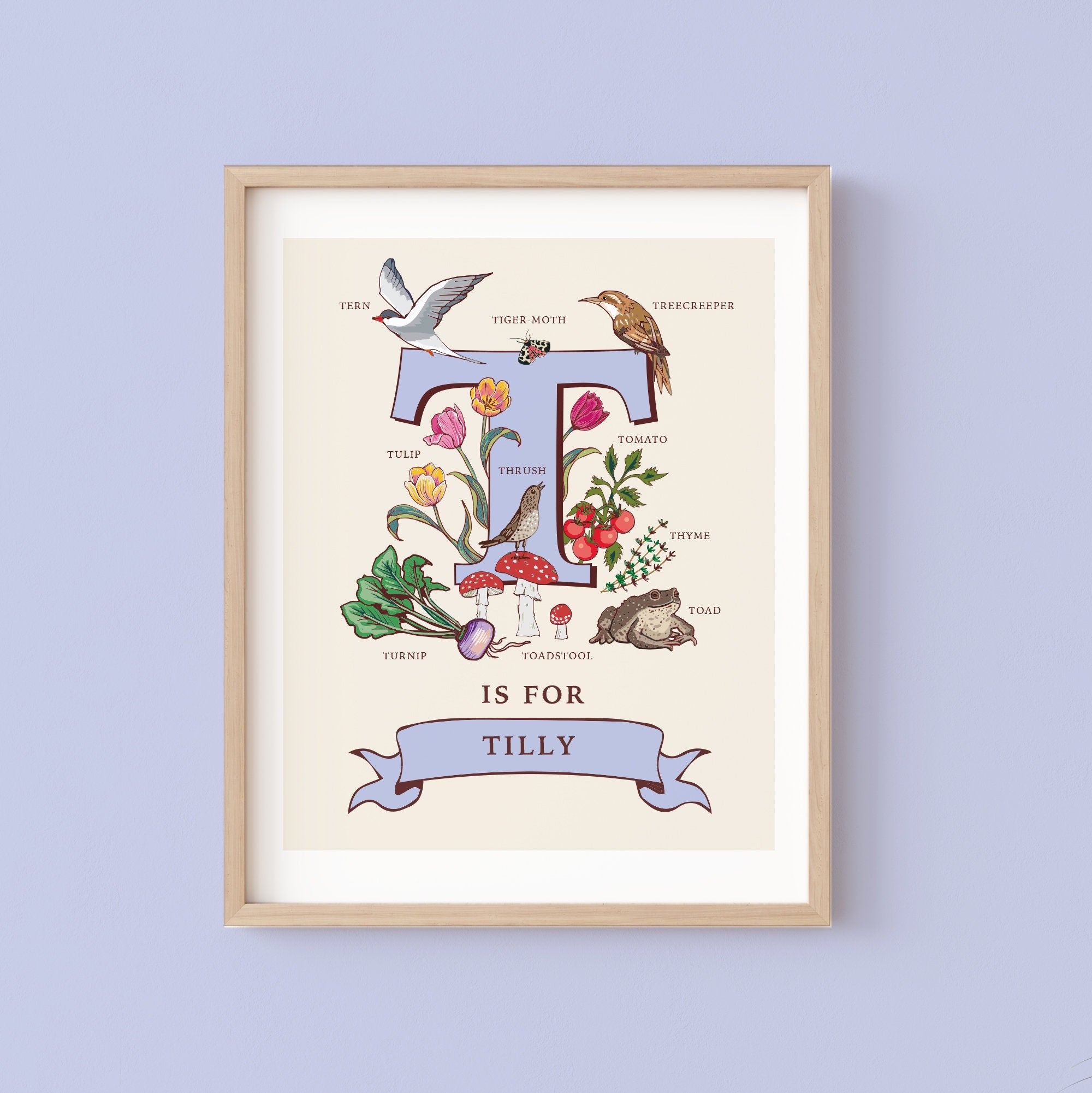 T - Personalised Letter T Print, Initial T Wall Art, Nature Guide Monogram Illustration