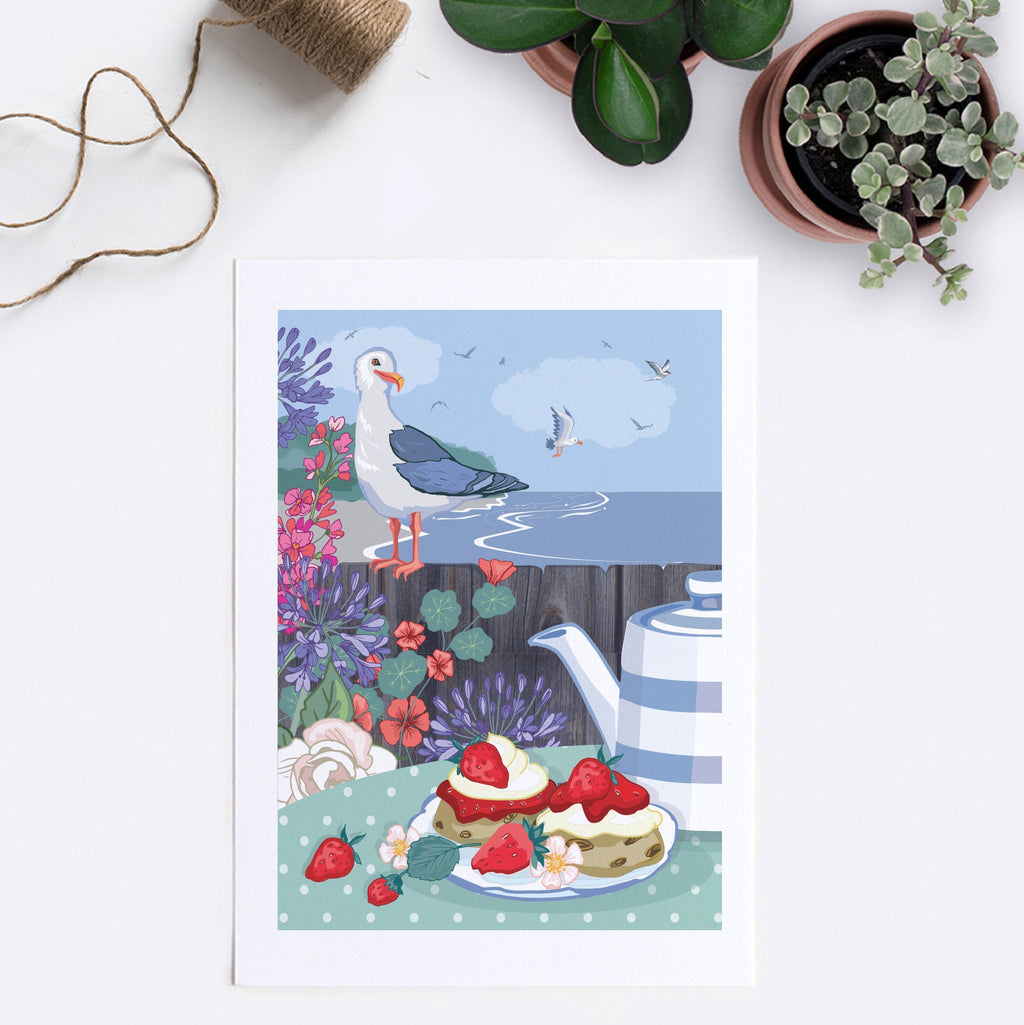 Seagull and Cream Tea By The Sea Wall Art Print
