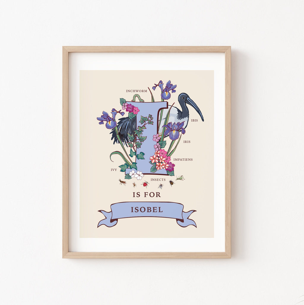 I - Personalised Letter I Print, Initial I Wall Art, Nature Guide Monogram Illustration