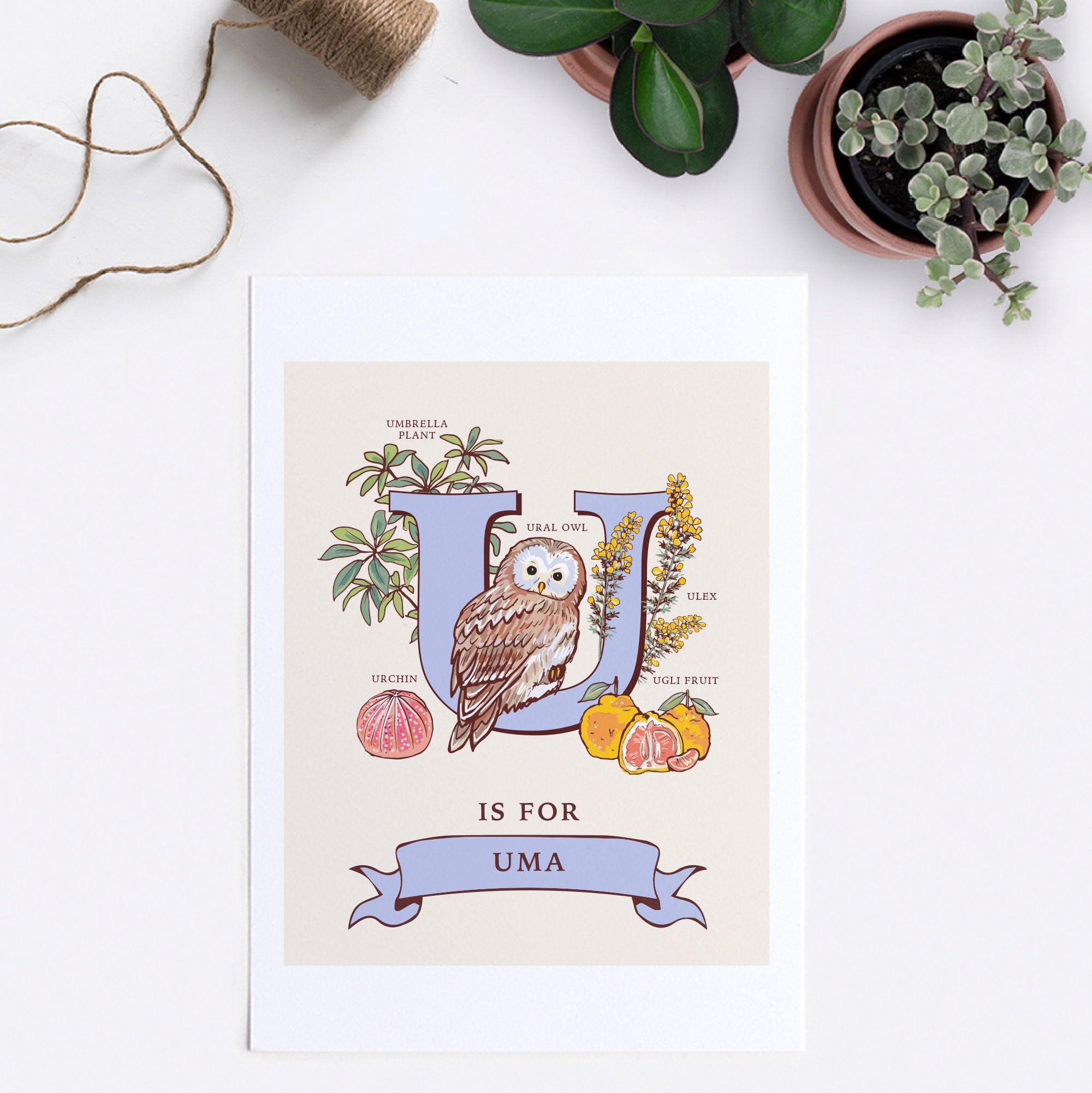 U - Personalised Letter U Print, Initial U Wall Art, Nature Guide Monogram Illustration