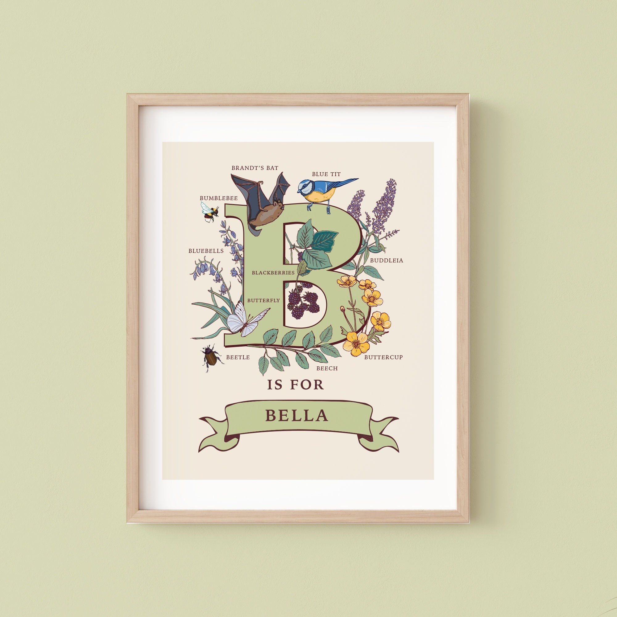 Personalised Monogram Initial Letter B, Nature Guide Wall Art Print