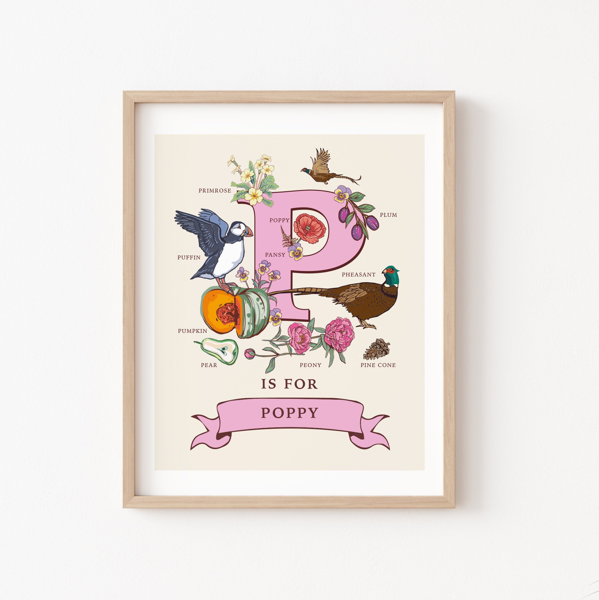 P - Personalised Letter P Print, Initial P Wall Art, Nature Guide Monogram Illustration