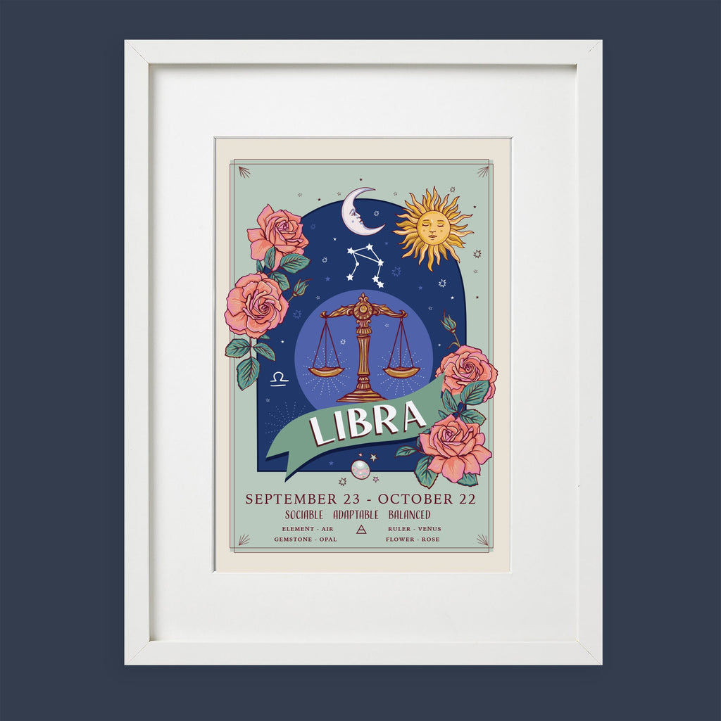 Libra Wall Art Print, Zodiac Sign and Flowers Illustration Print