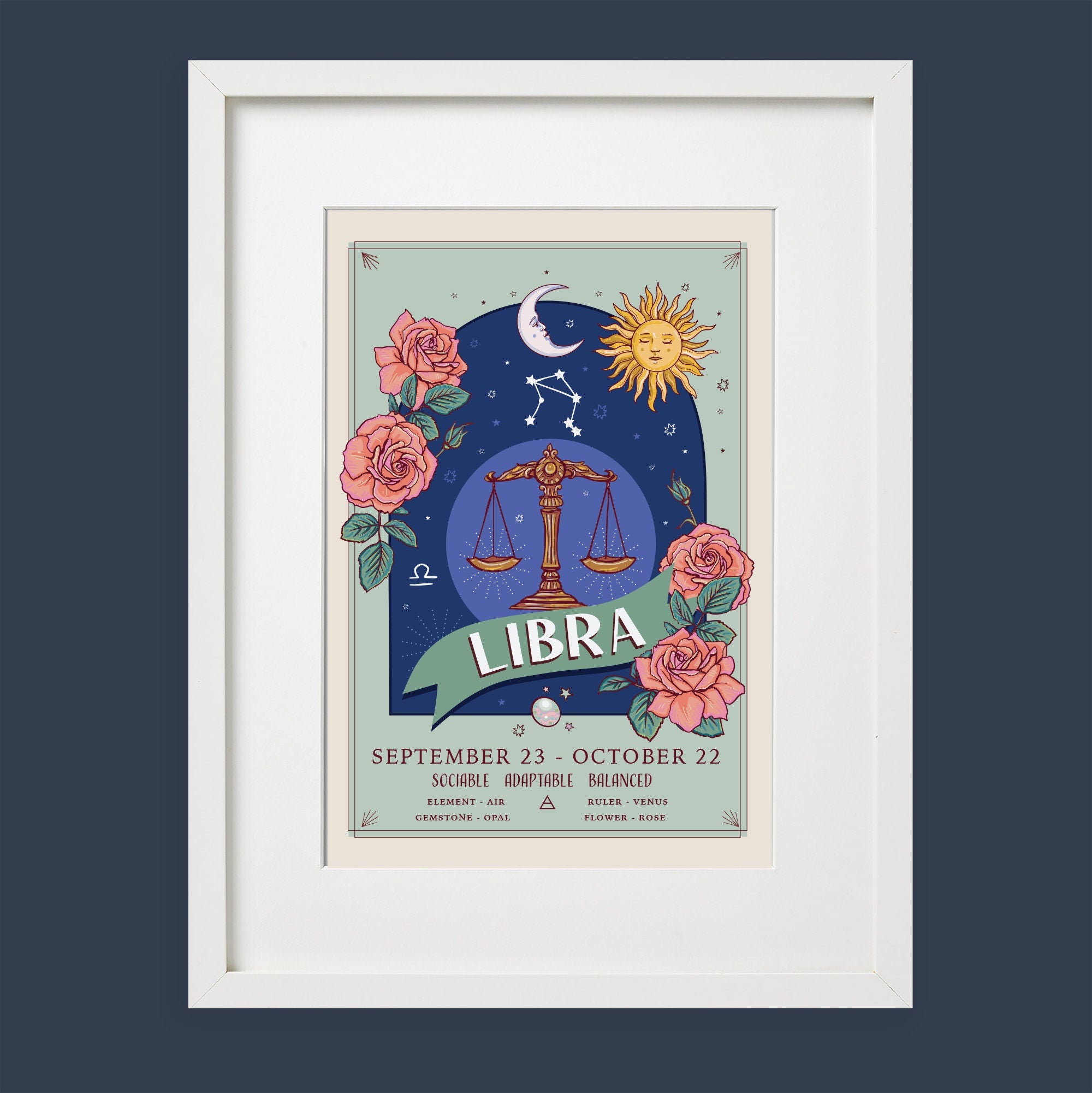 Libra Wall Art Print, Zodiac Sign and Flowers Illustration Print