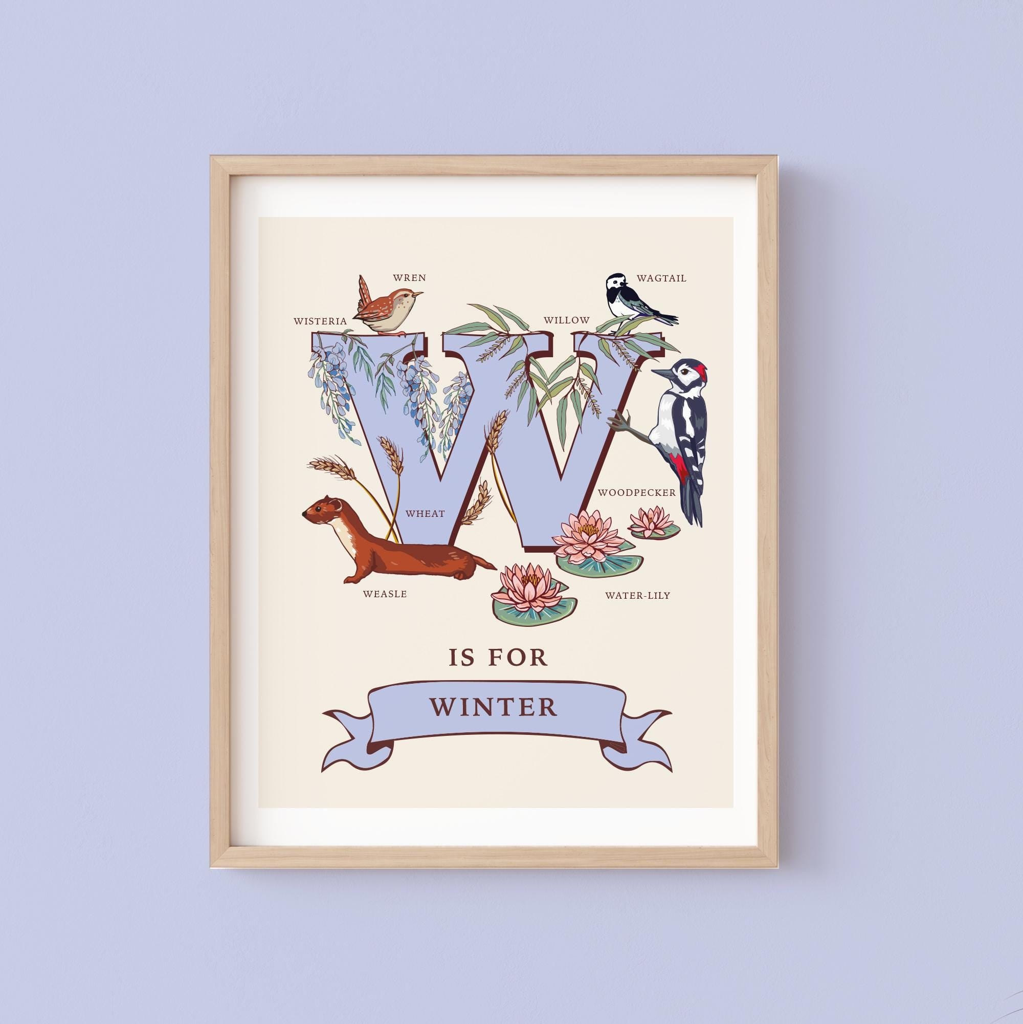 W - Personalised Letter W Print, Initial W Wall Art, Nature Guide Monogram Illustration