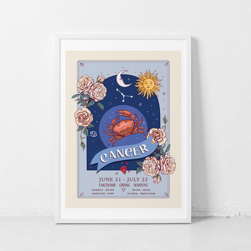 Cancer Wall Art Print, Zodiac Sign and Flowers Illustration Print