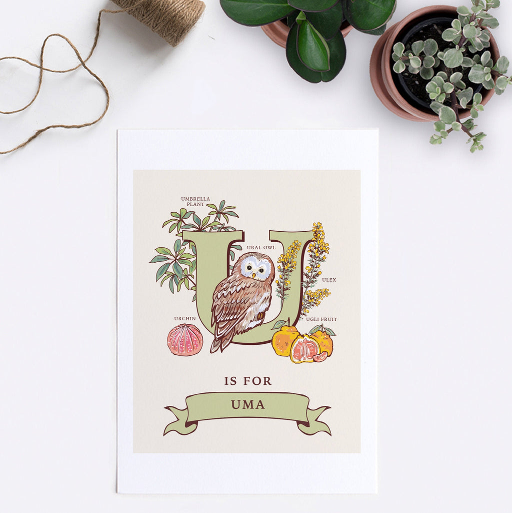 U - Personalised Letter U Print, Initial U Wall Art, Nature Guide Monogram Illustration