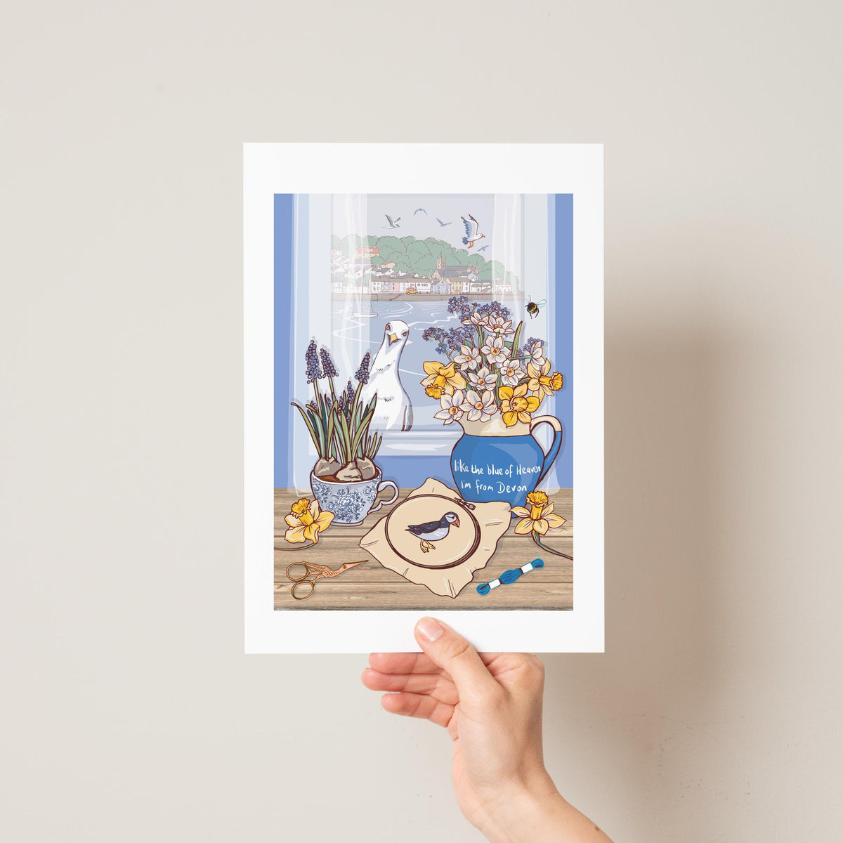 Devon Blue Jug Spring Flowers Wall Art Print, Coastal Seagull Illustration