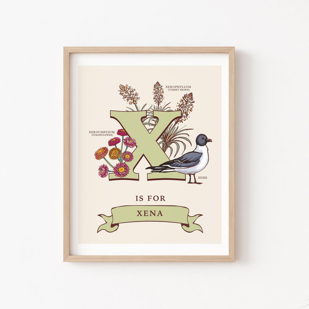 X - Personalised Letter X Print, Initial X Wall Art, Nature Guide Monogram Illustration