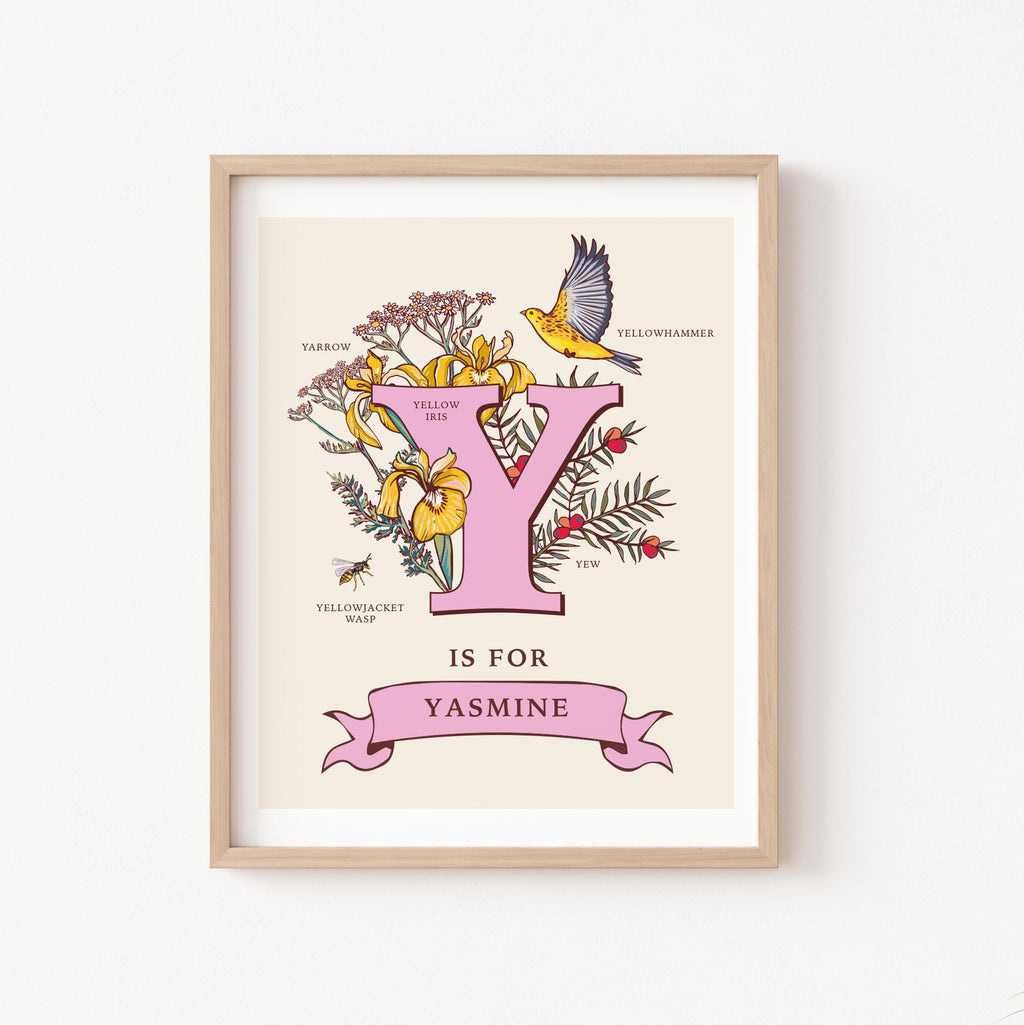 Y - Personalised Letter Y Print, Initial Y Wall Art, Nature Guide Monogram Illustration