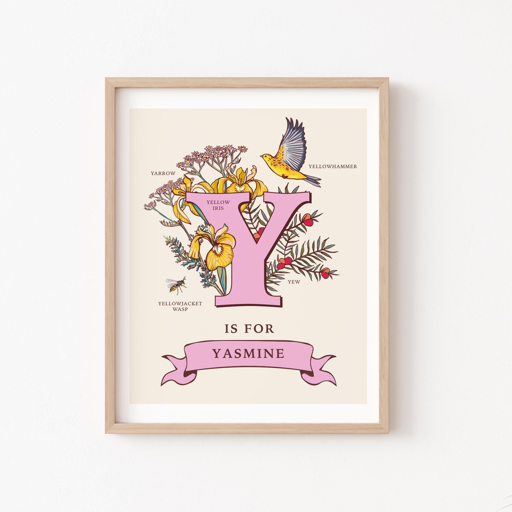 Y - Personalised Letter Y Print, Initial Y Wall Art, Nature Guide Monogram Illustration