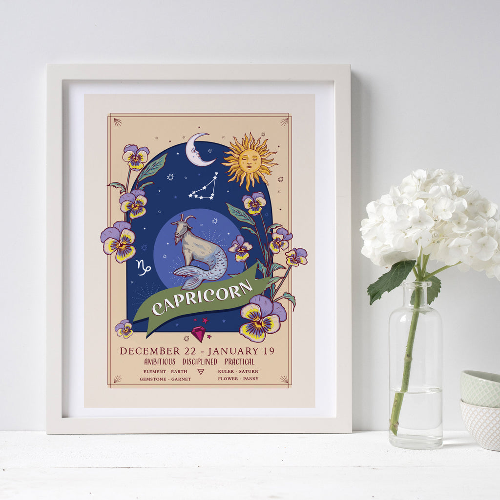 Capricorn Wall Art Print, Zodiac Sign and Flowers Illustration Print