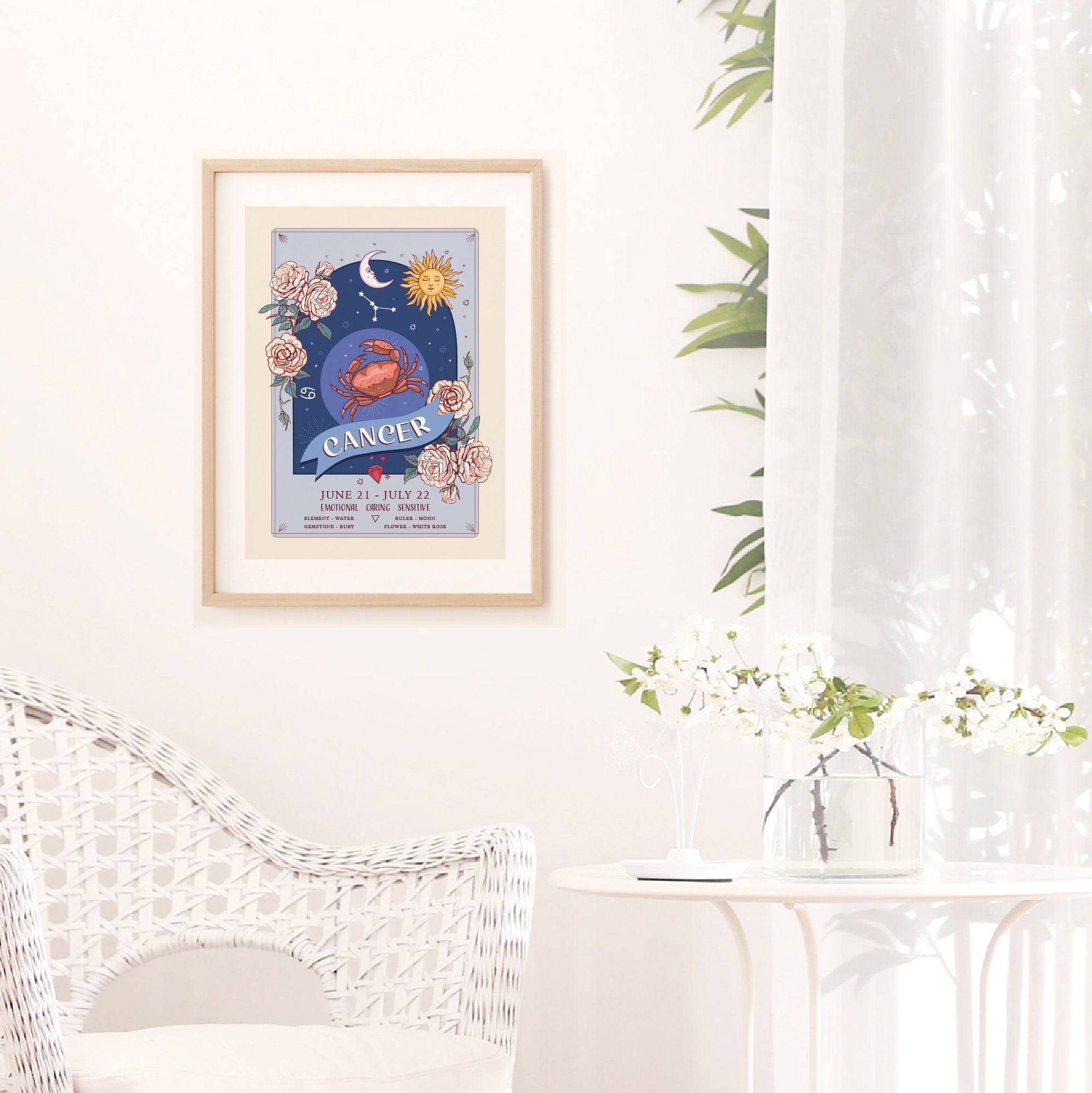 Cancer Wall Art Print, Zodiac Sign and Flowers Illustration Print