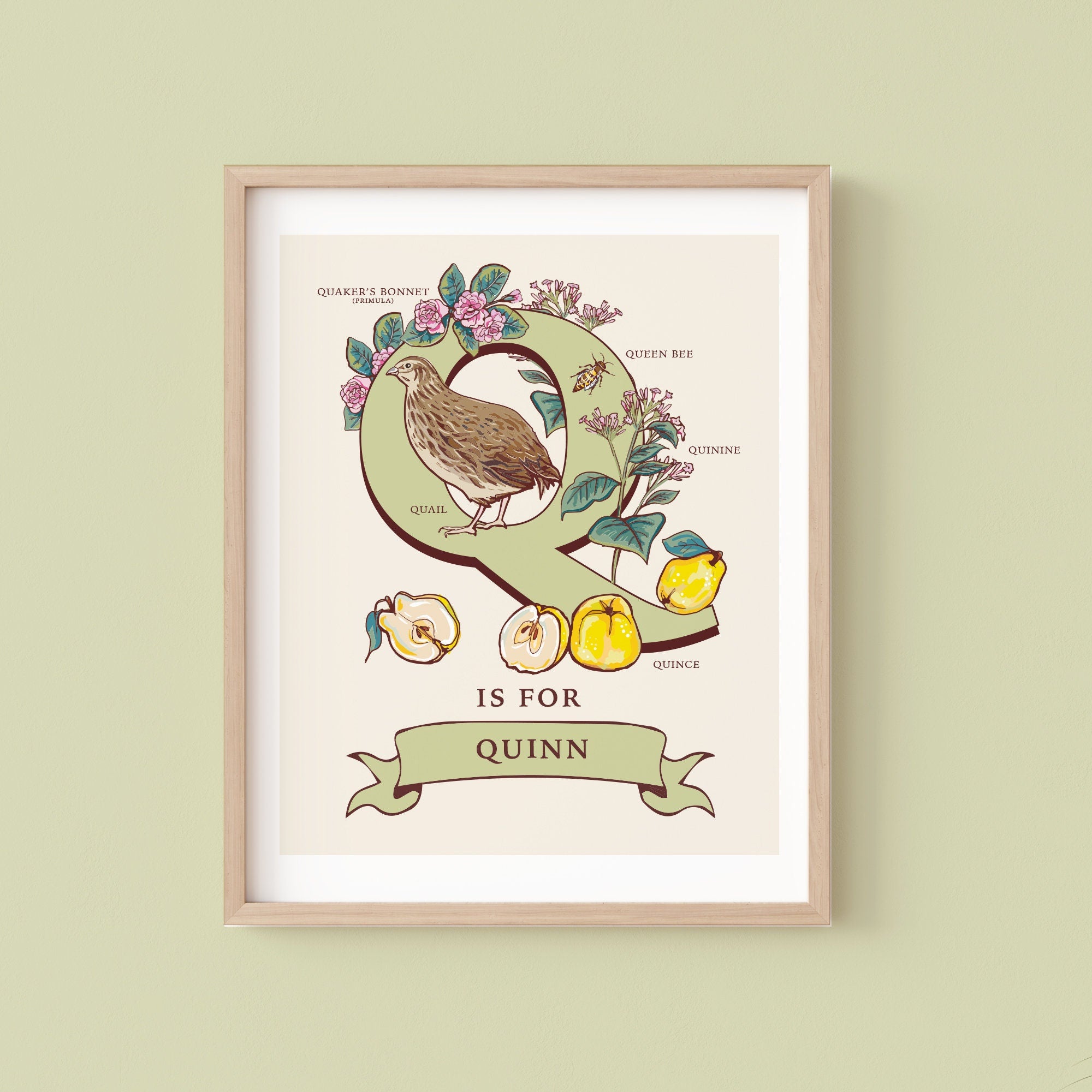 Q - Personalised Letter Q Print, Initial Q Wall Art, Nature Guide Monogram Illustration