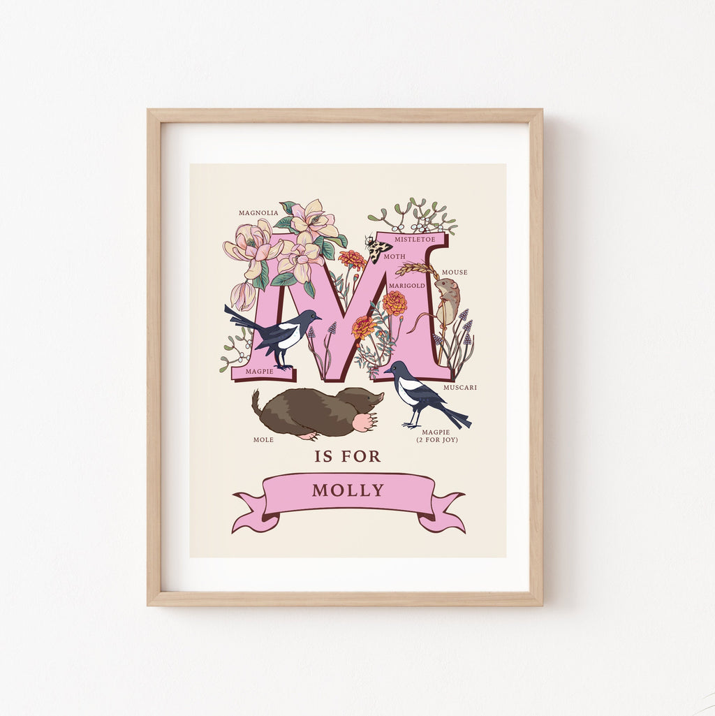 M - Personalised Letter M Print, Initial M Wall Art, Nature Guide Monogram Illustration