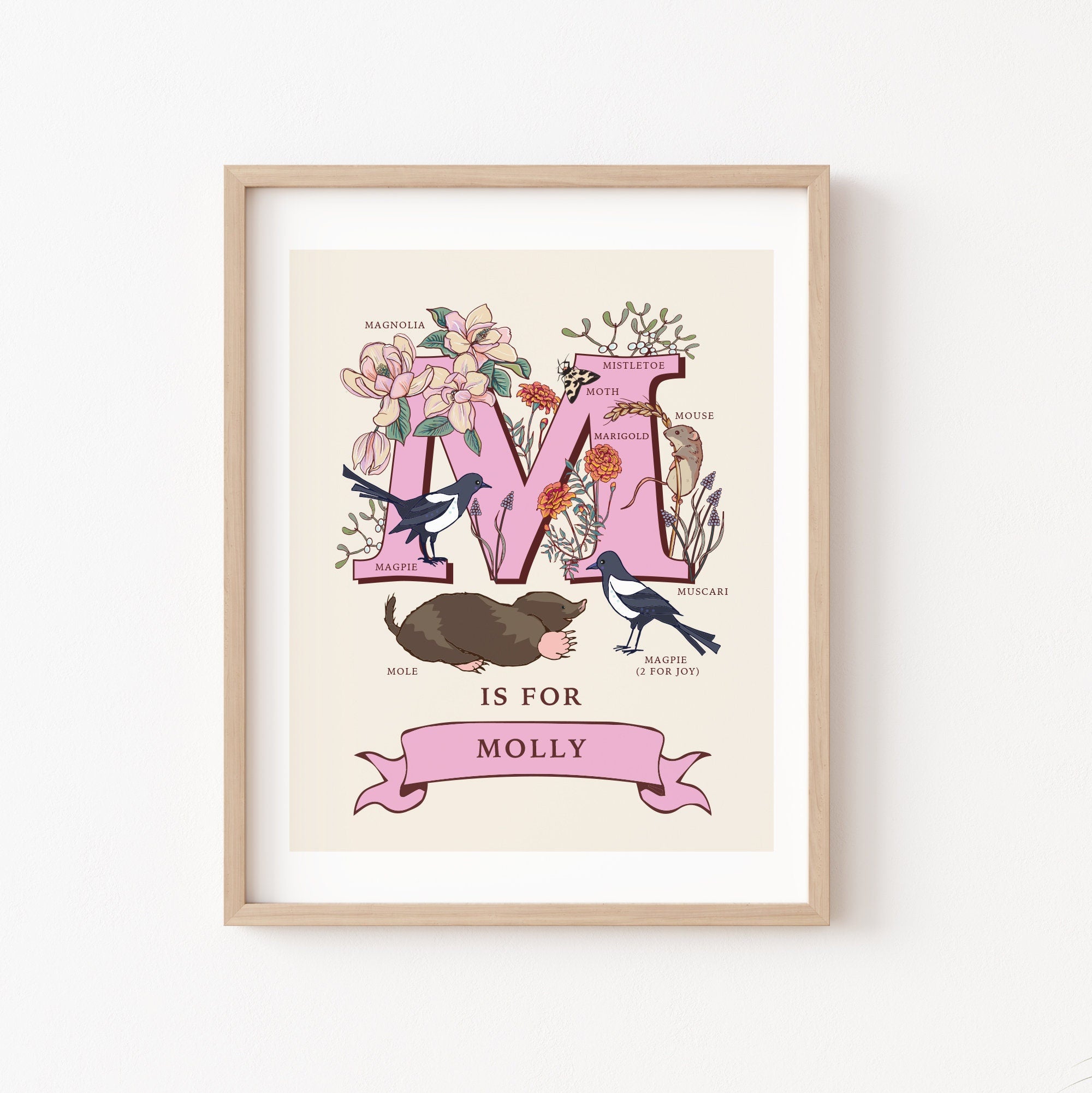 M - Personalised Letter M Print, Initial M Wall Art, Nature Guide Monogram Illustration