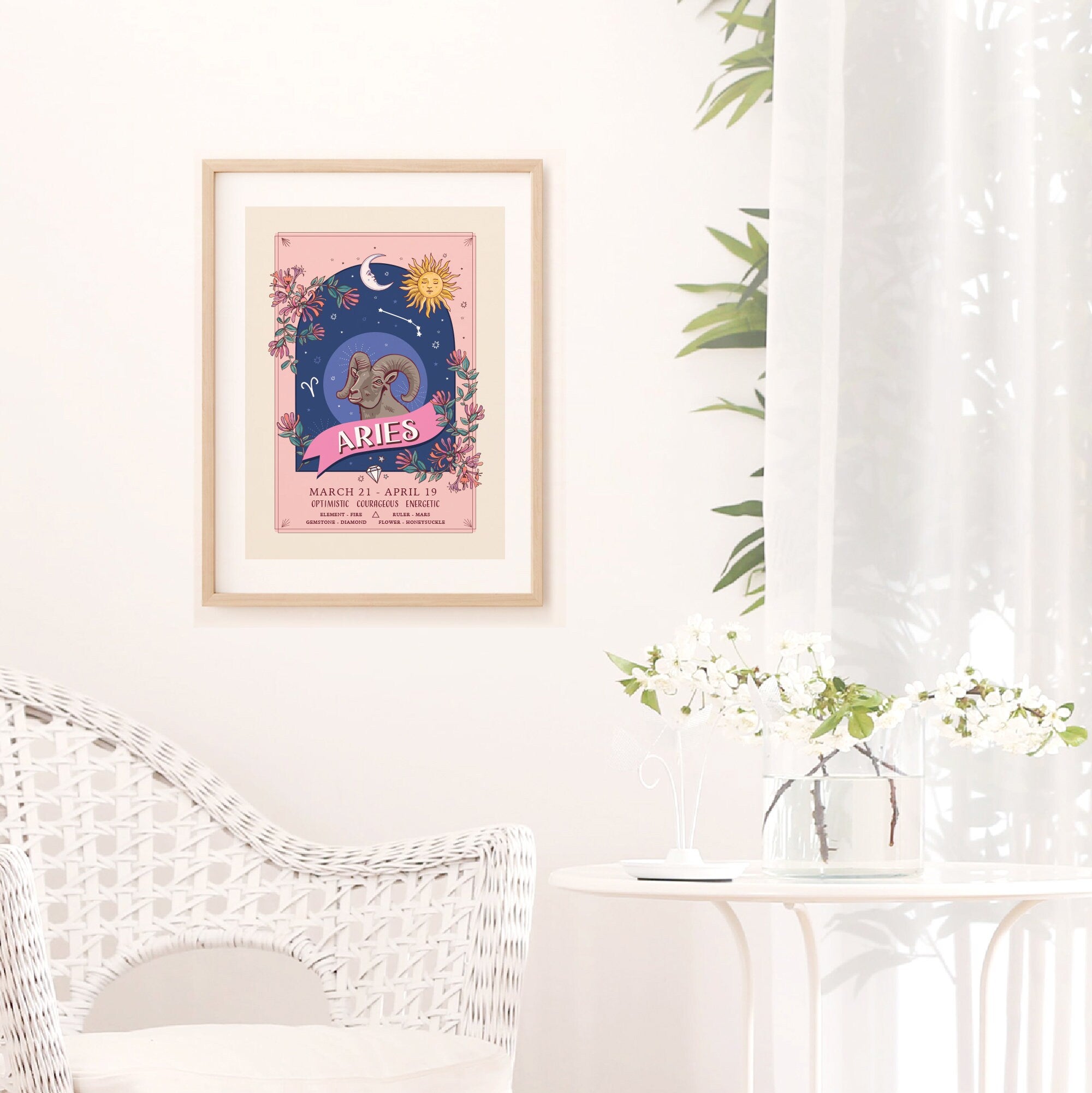 Aries Wall Art Print, Zodiac Sign and Flowers Illustration Print