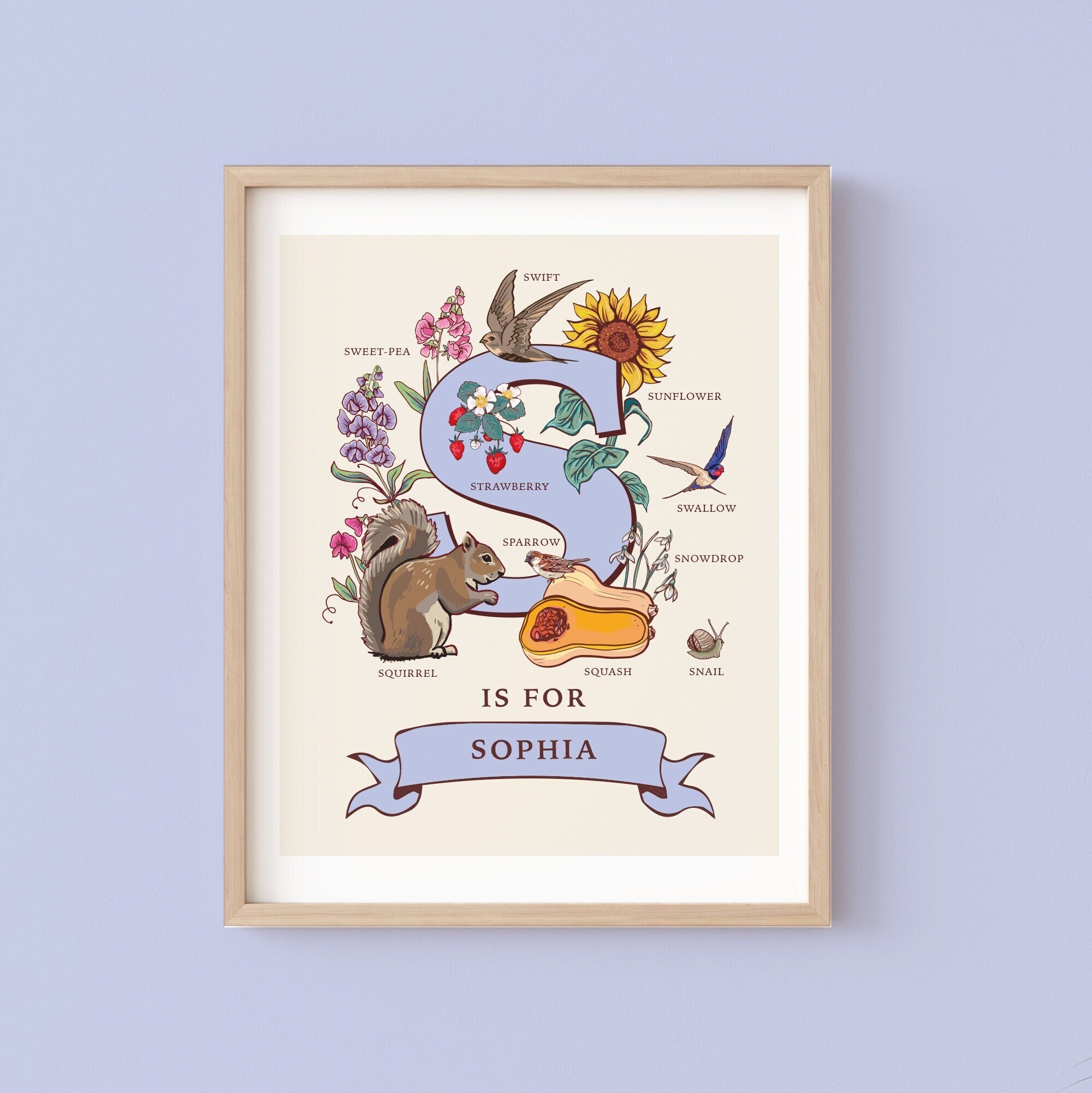 S - Personalised Letter S Print, Initial S Wall Art, Nature Guide Monogram Illustration