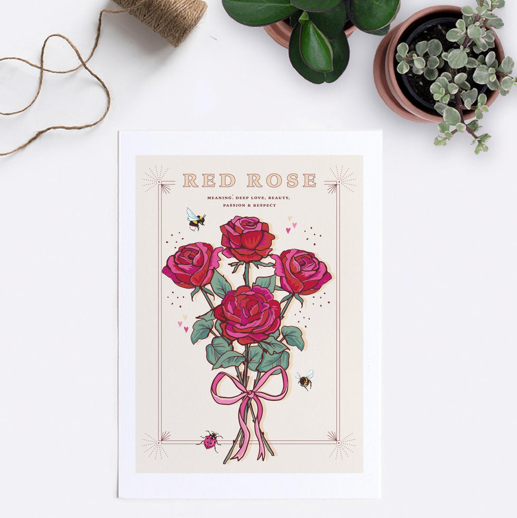 Red Rose Wall Art Print, Flower Meaning Illustration Print