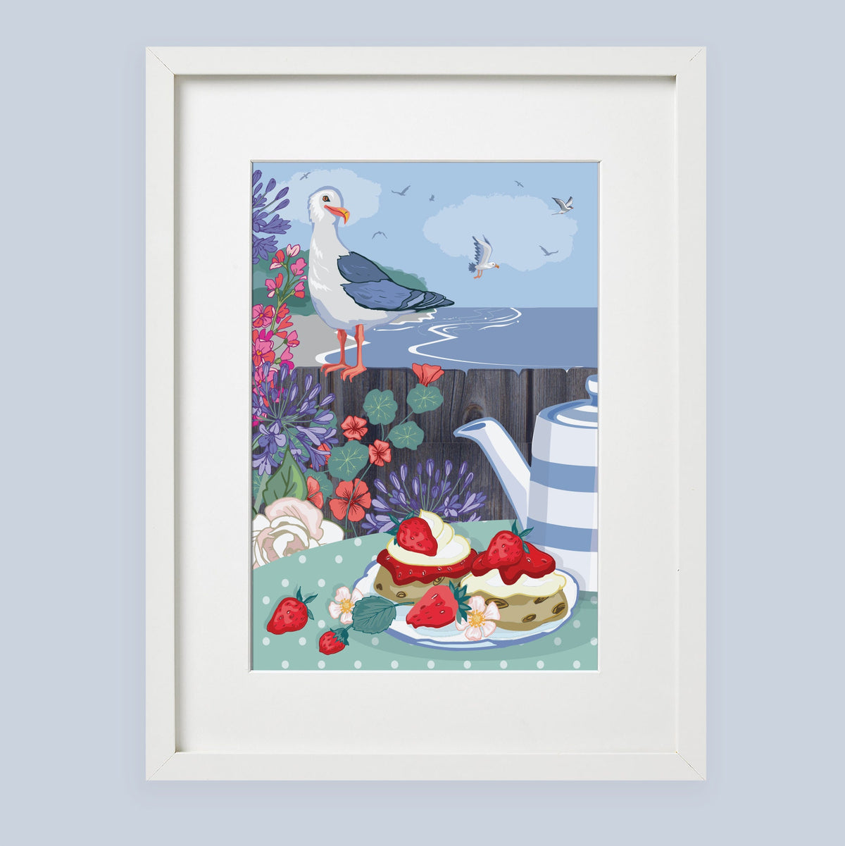 Seagull and Cream Tea By The Sea Wall Art Print